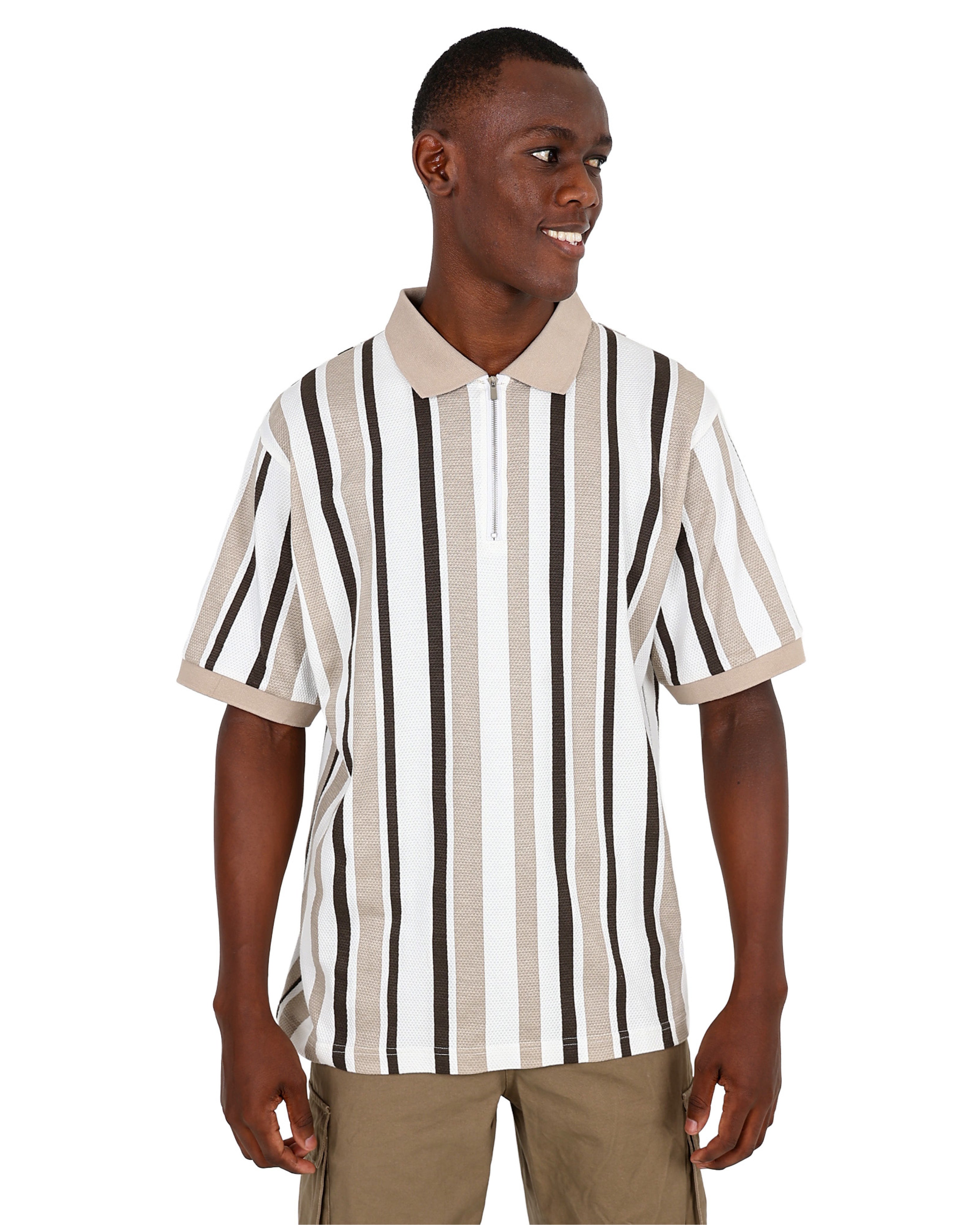 Short Sleeve Zip Clouse Stripe Cotton Golfer