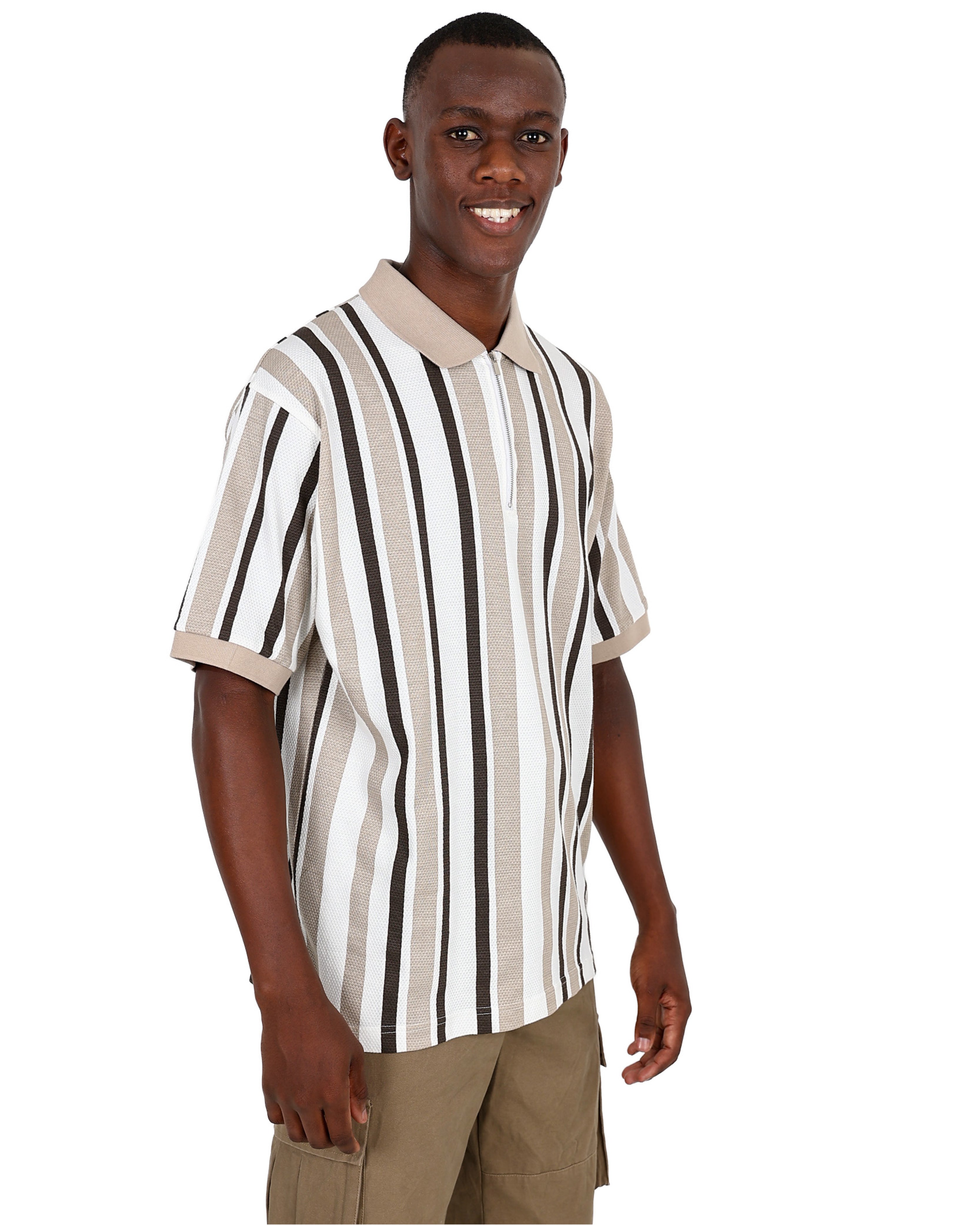 Short Sleeve Zip Clouse Stripe Cotton Golfer