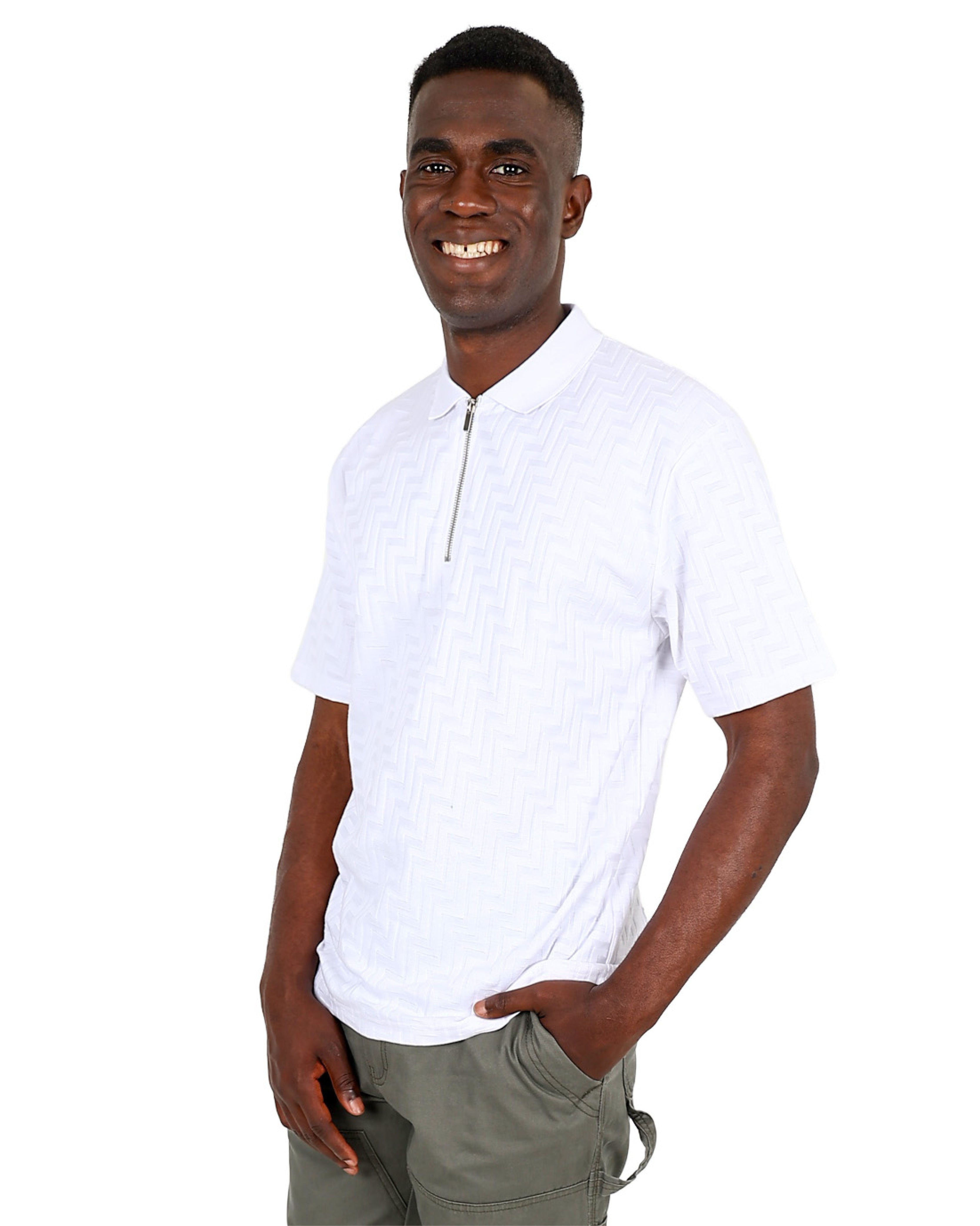Short Sleeve White Zip Through Jacquard Golfer