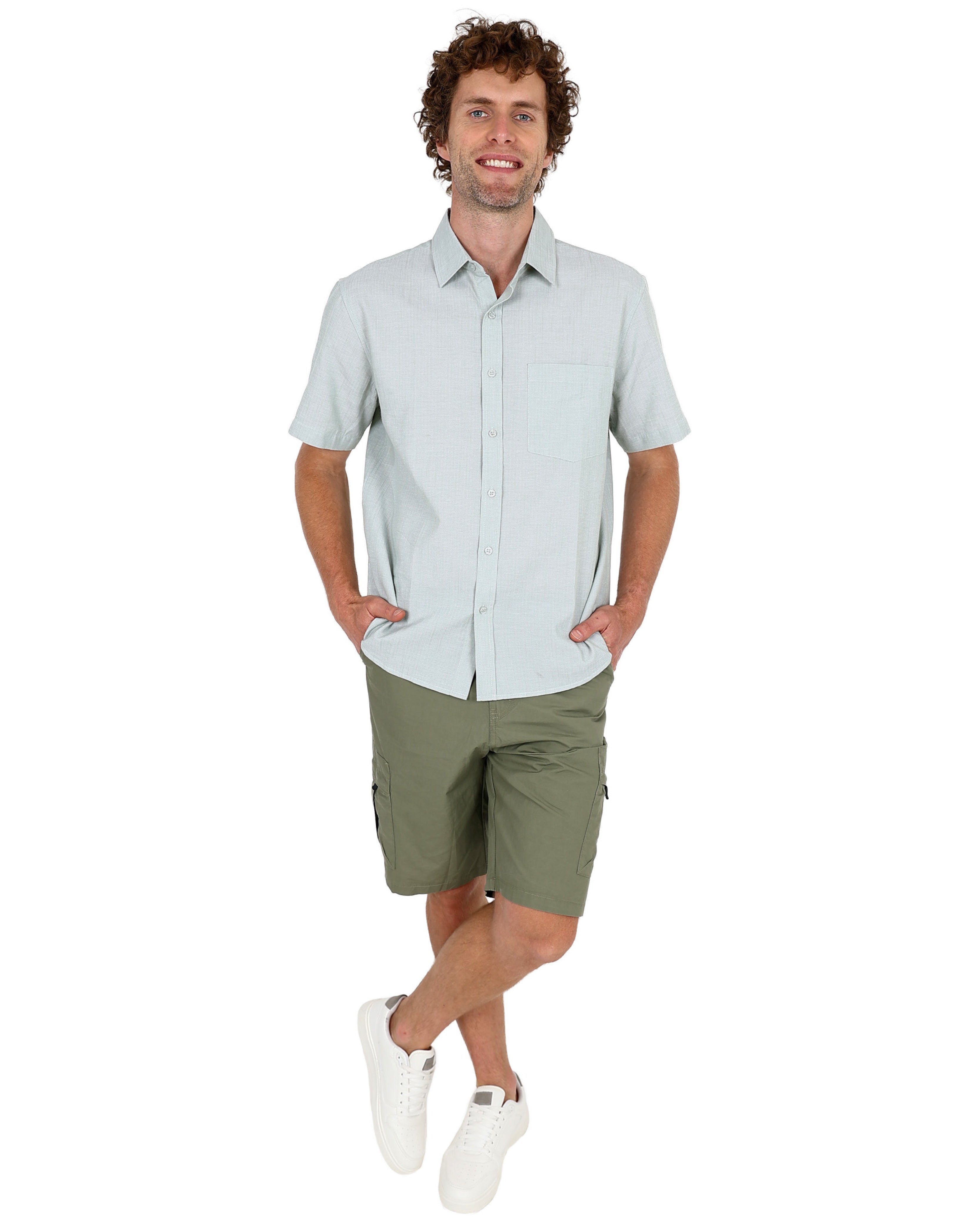 Short Sleeve Sage Waffle Textured Cotton Shirt