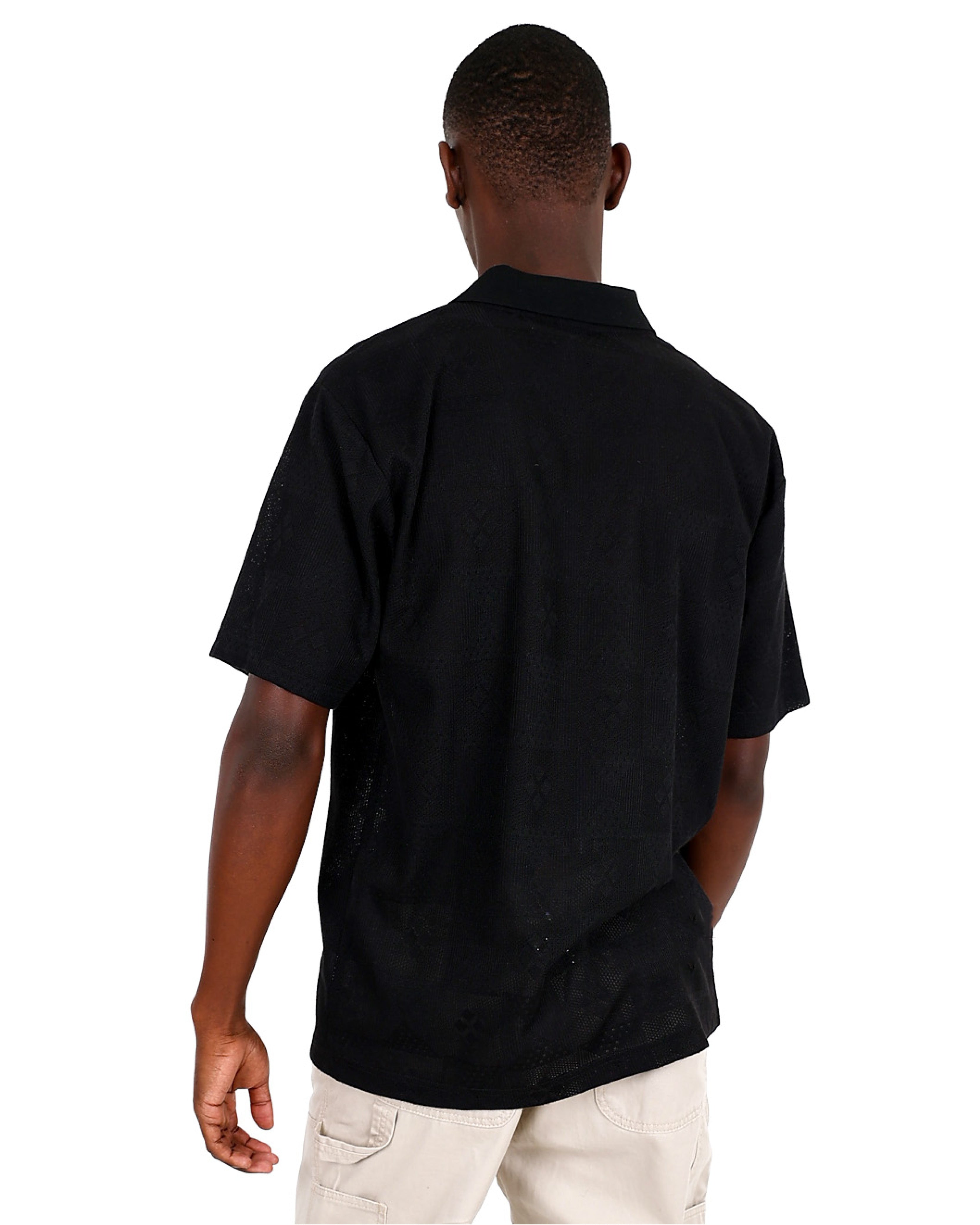 Short Sleeve Black Textured Pattern Two Button Golfer
