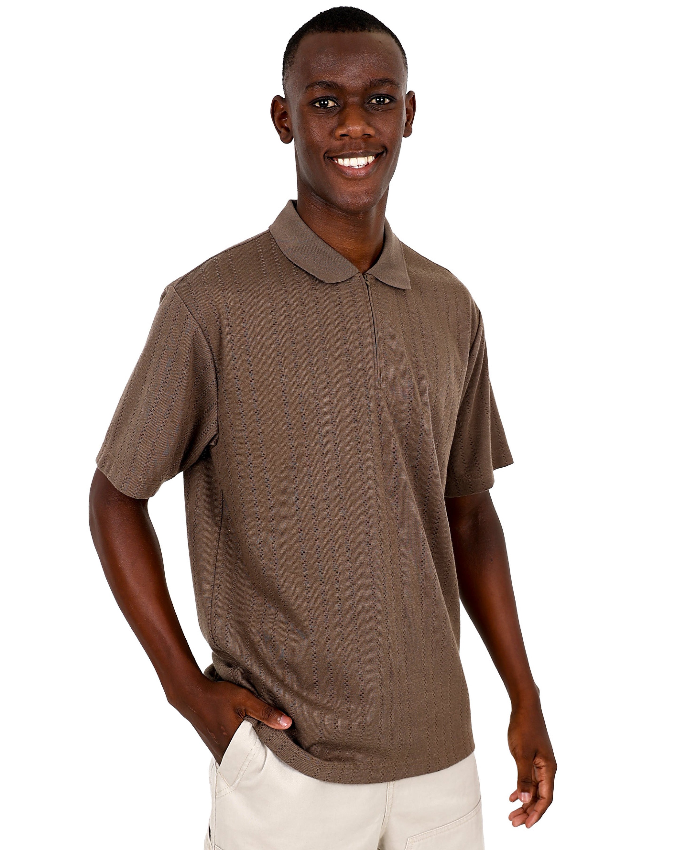 Short Sleeve Taupe Textured Pattern Zip Up Golfer