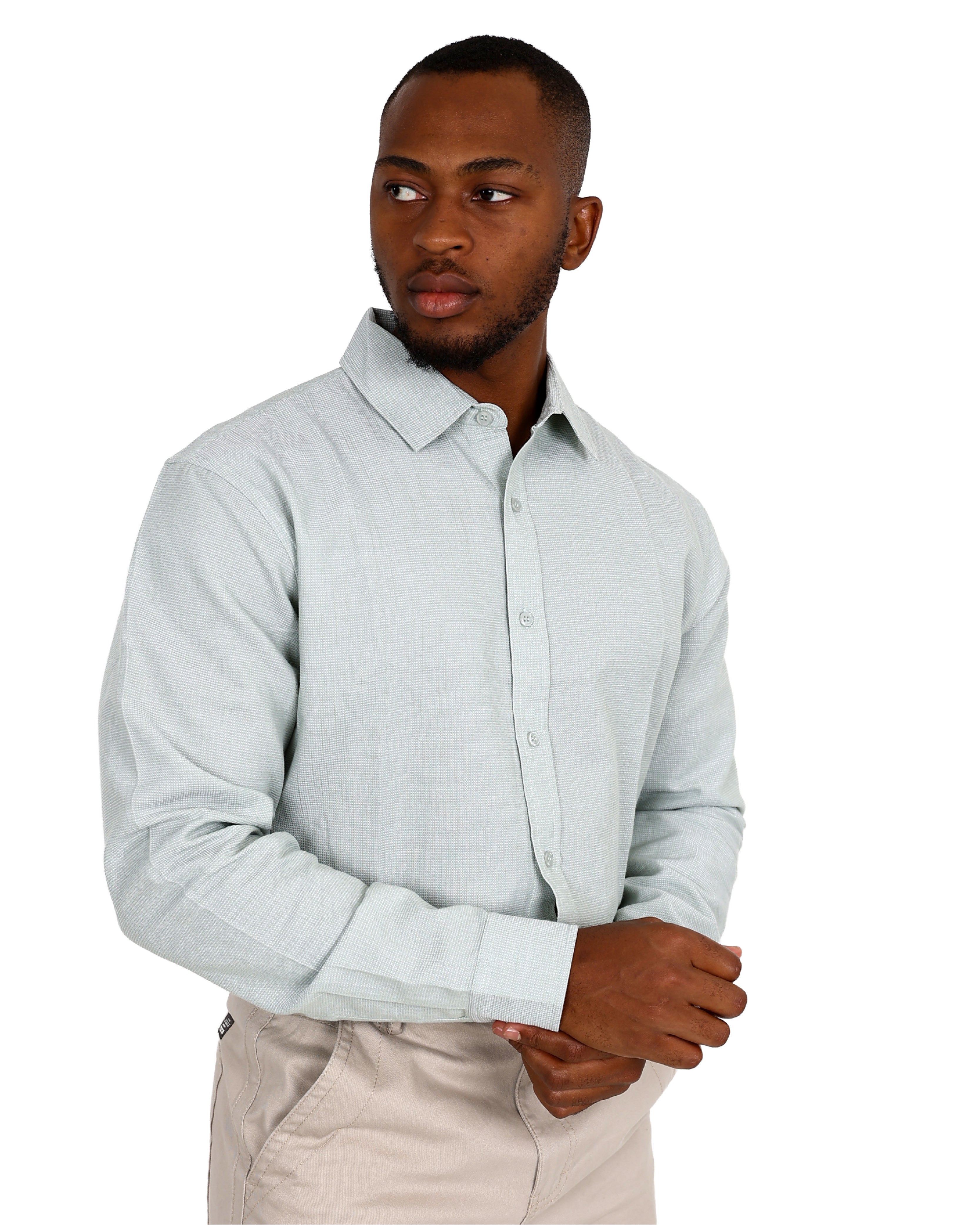 Long Sleeve Sage Mini Waffle Textured Cotton Shirt