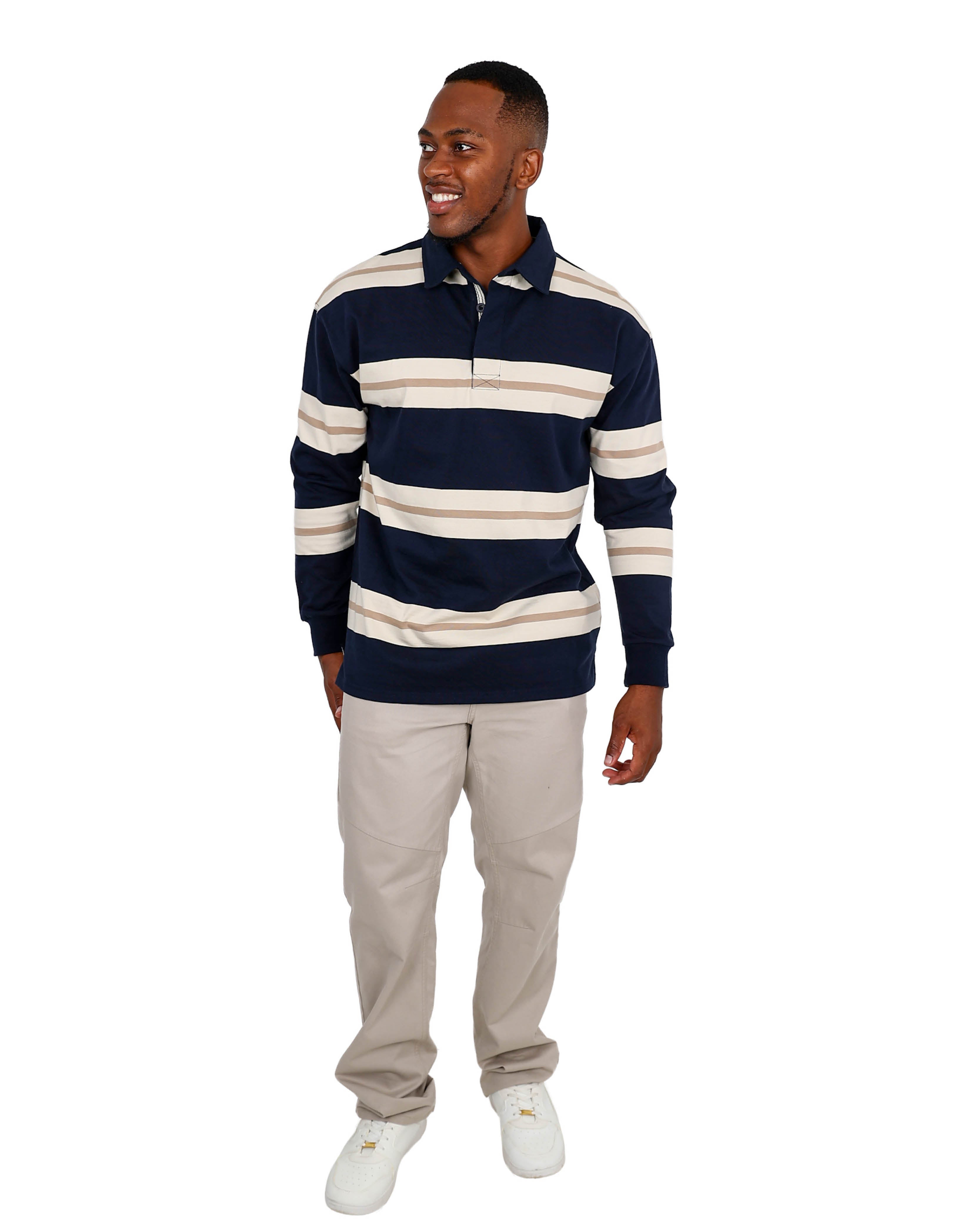Long Sleeve Navy Stripe Cotton Golfer