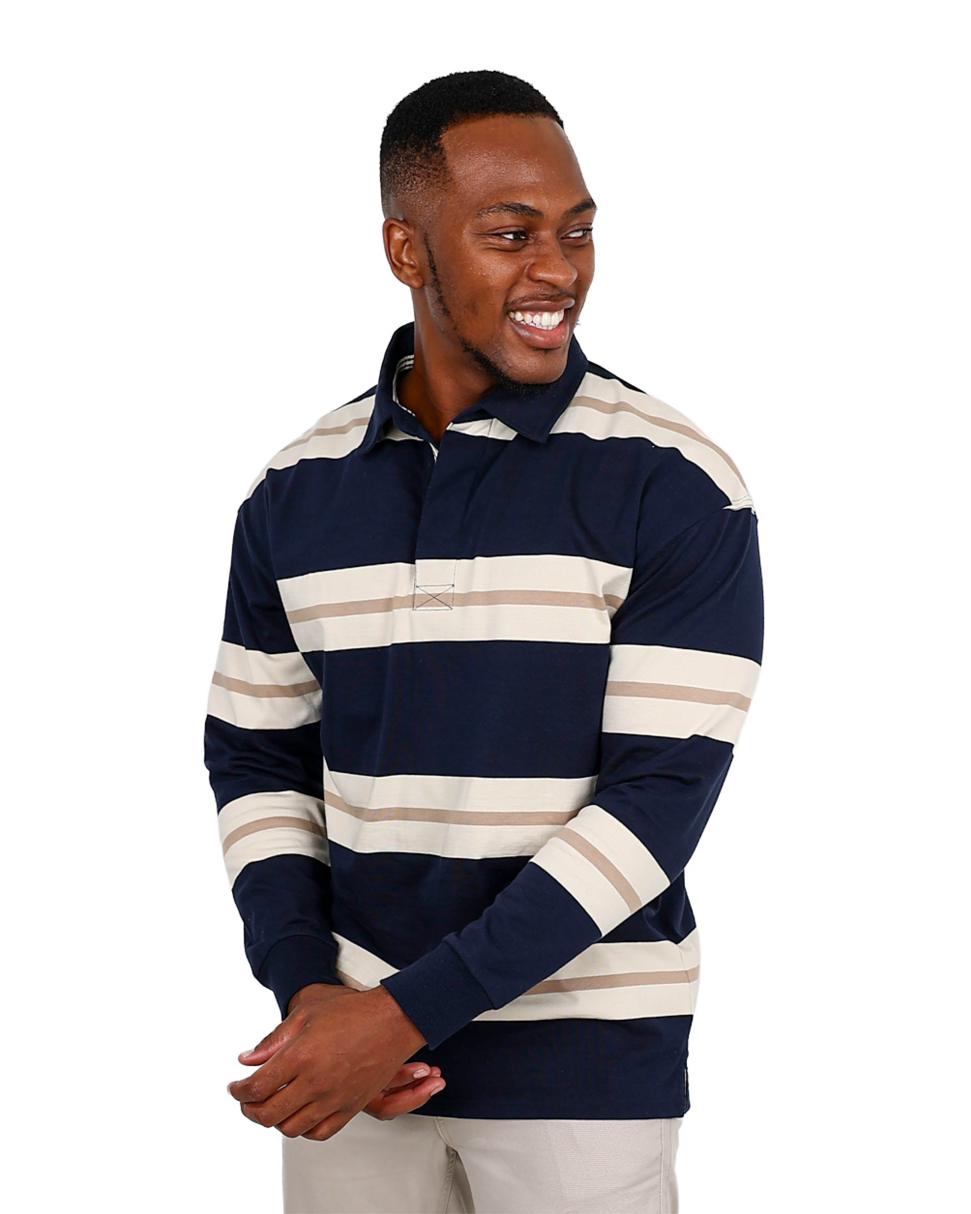 Long Sleeve Navy Stripe Cotton Golfer