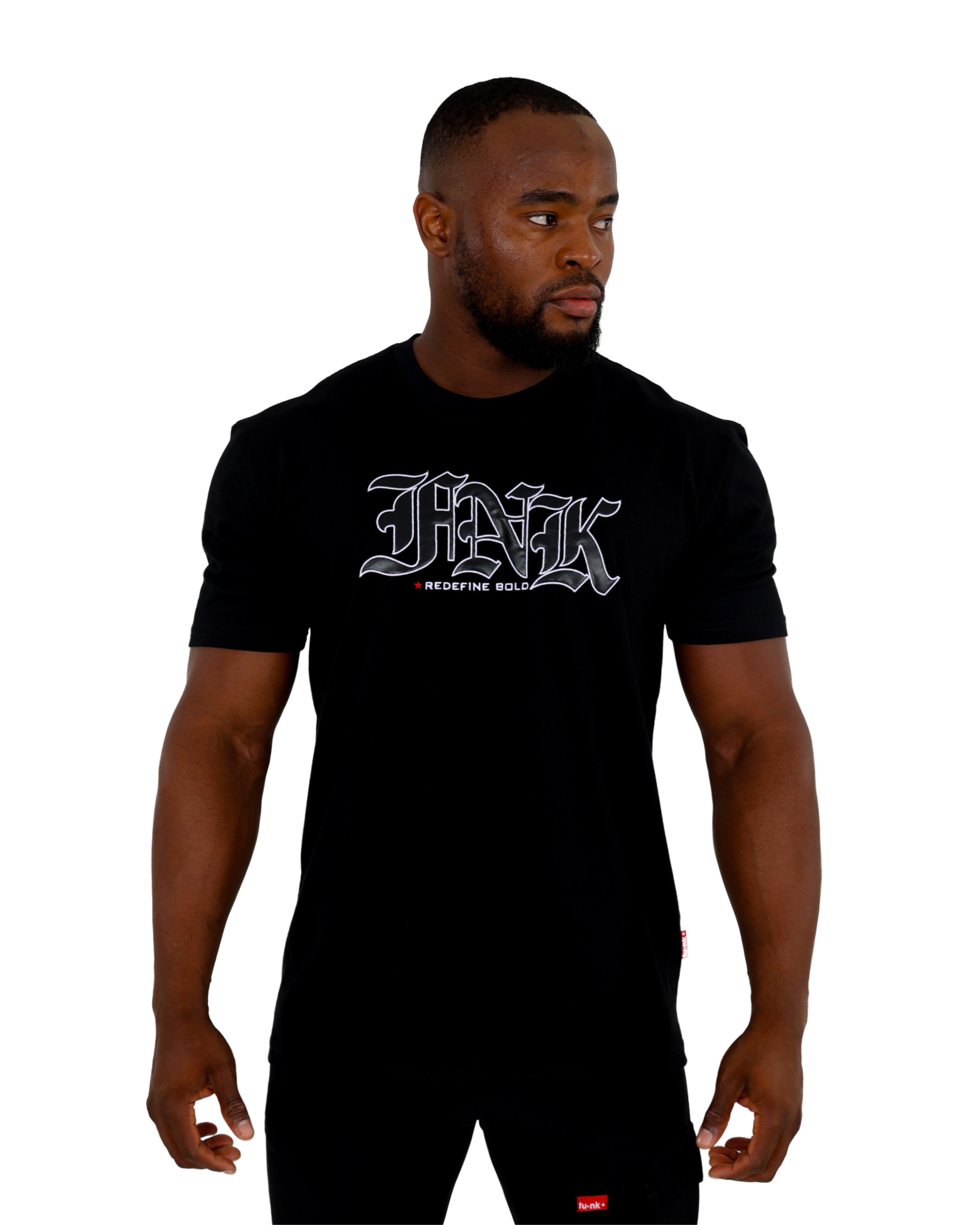 Funk Leather Look Appliqued FNK Embellished T-Shirt