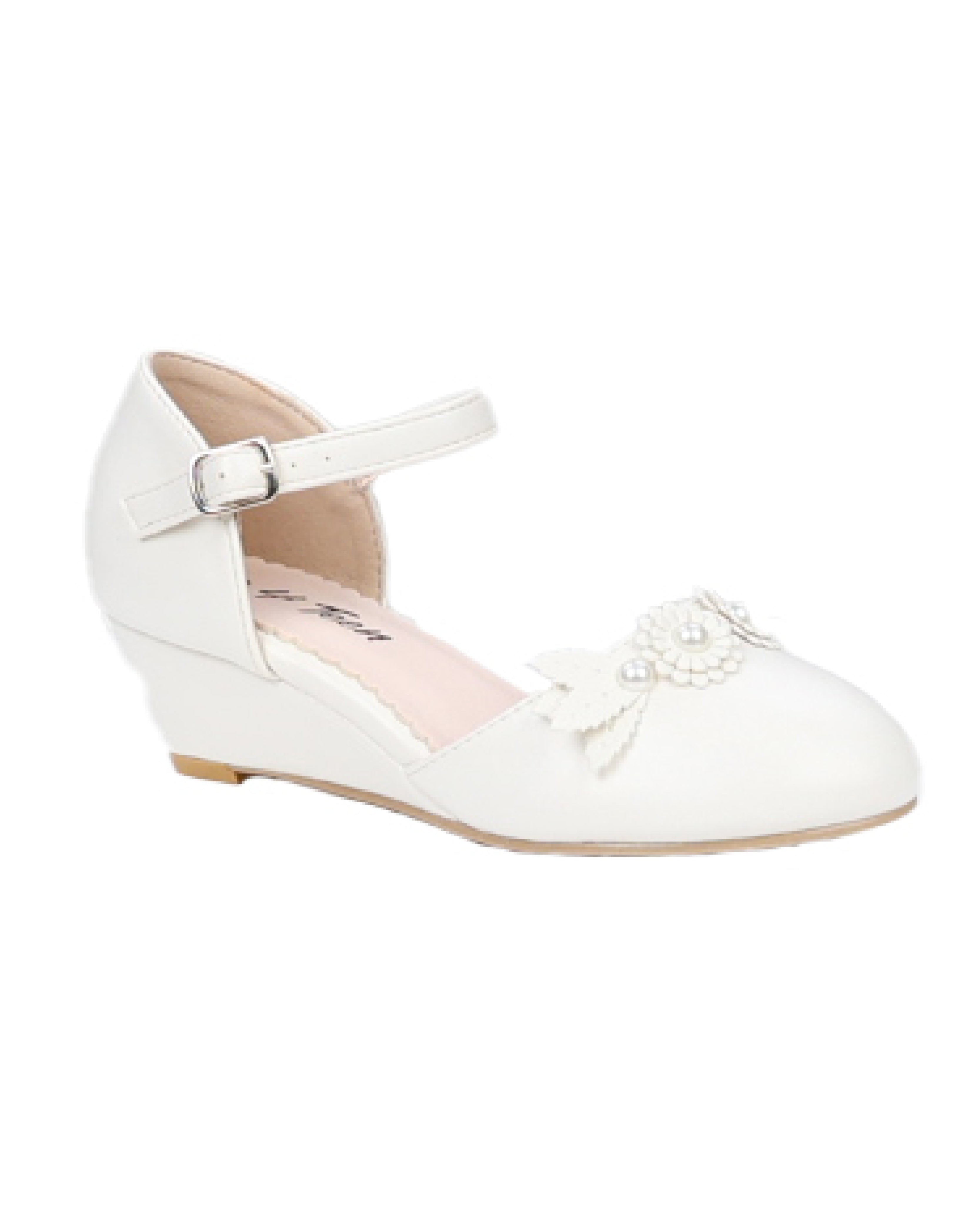 Big Girls Pearl & Floral Appliqué Wedged Dress Shoe