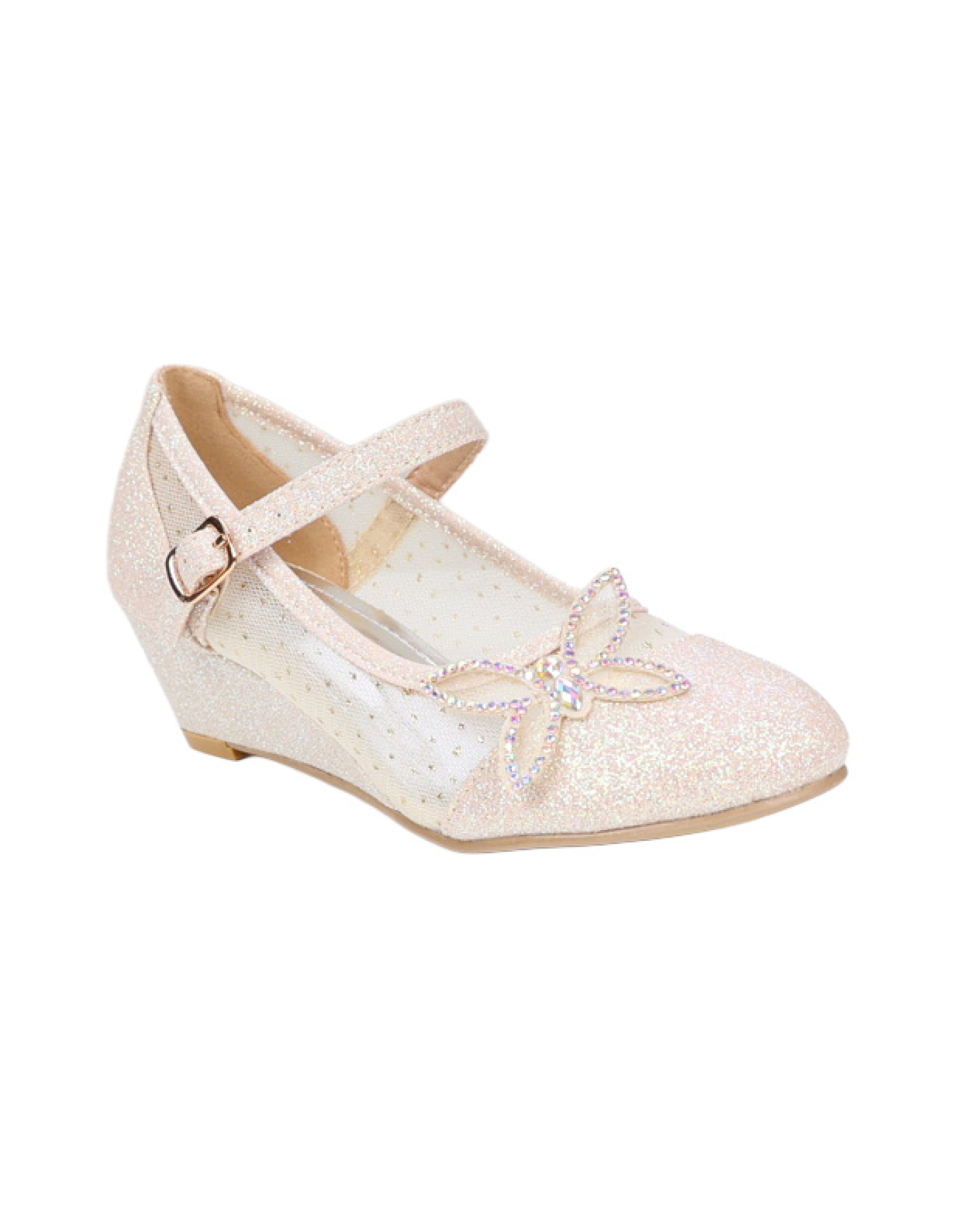 Girls Glitter Butterfly Applique Formal Wedge