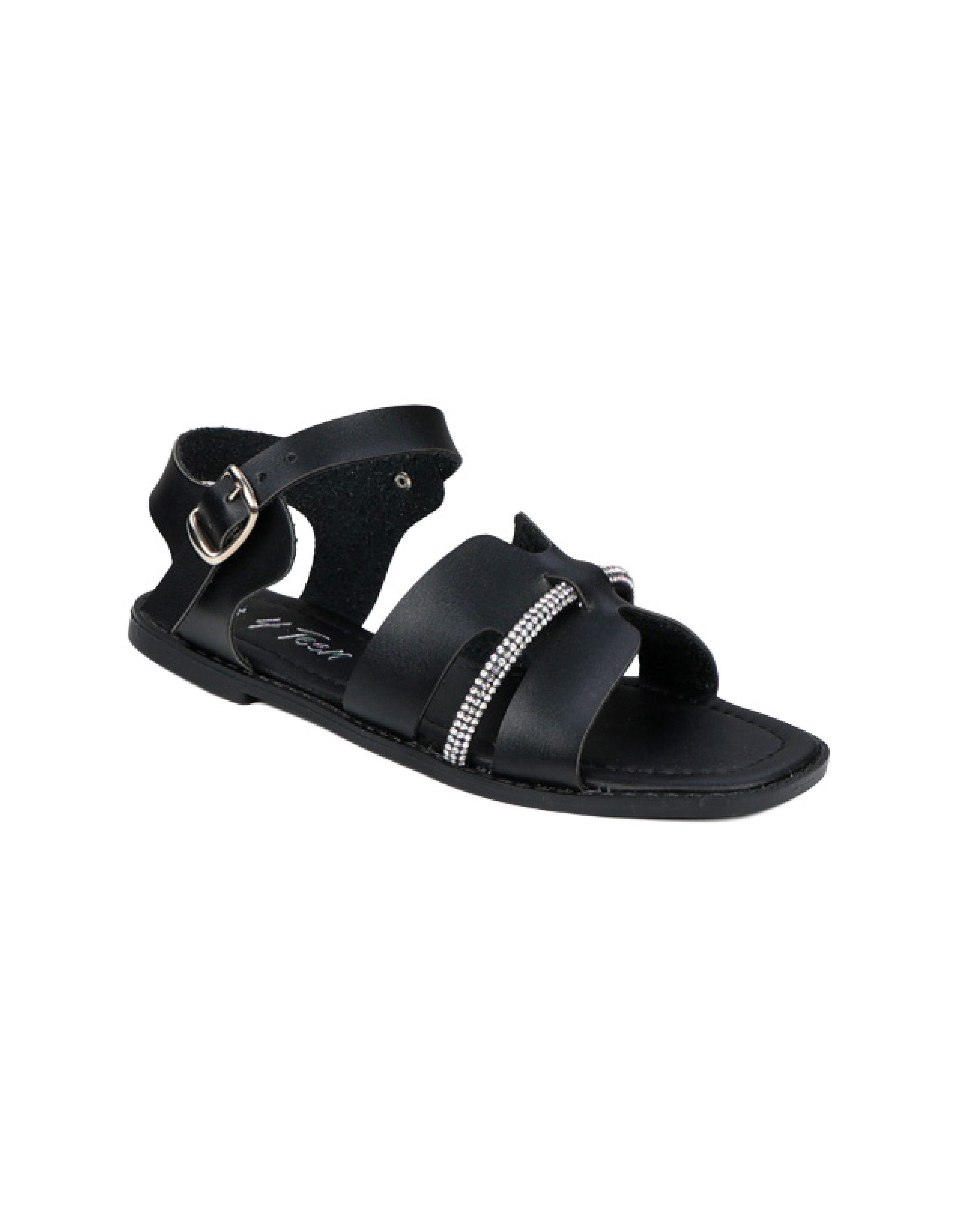 Girls Black Embellished H-Band Ankle Strap Sandal