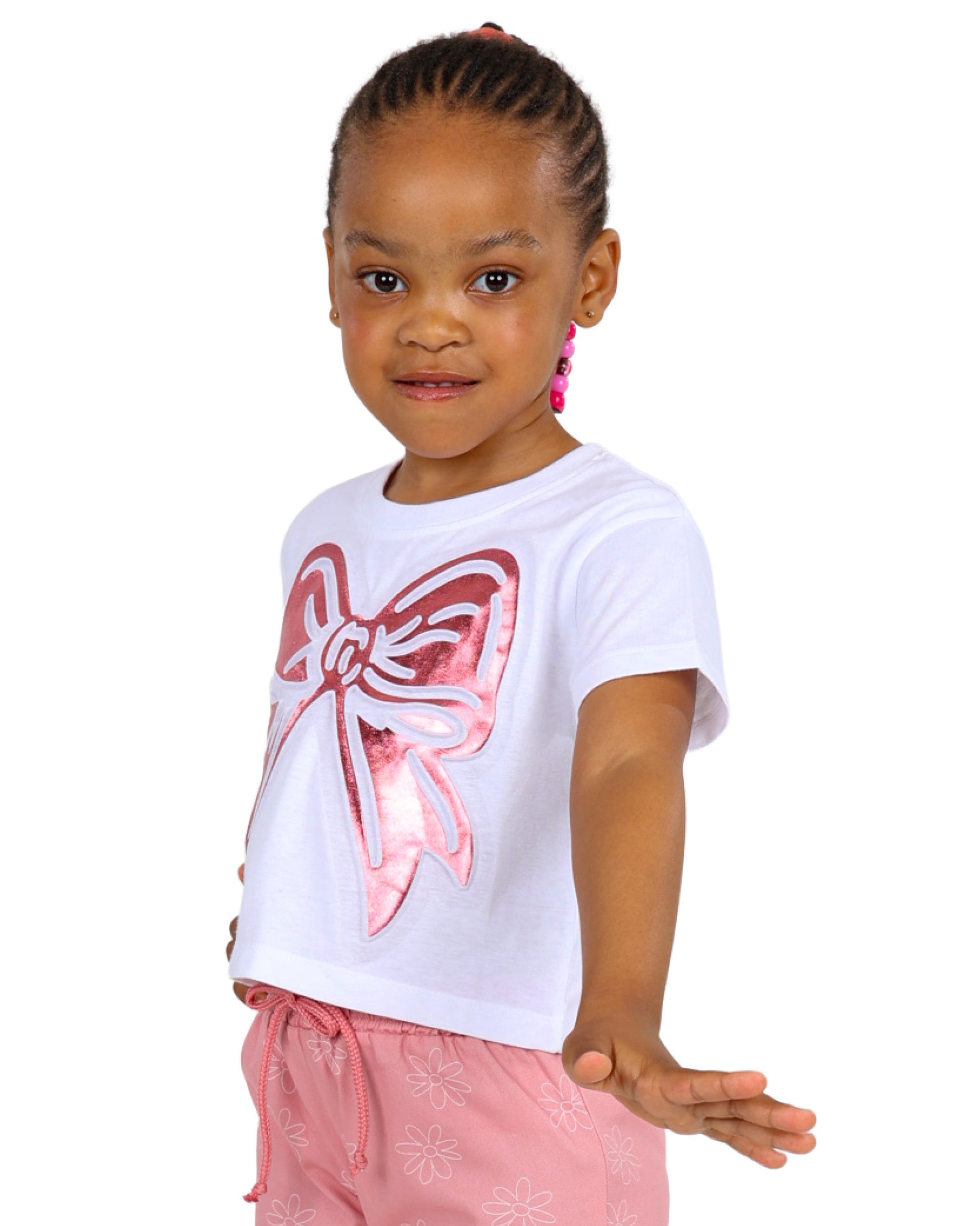 Short Sleeve Metallic Pink Bow Graphic T-Shirt