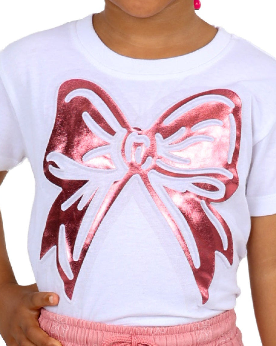 Short Sleeve Metallic Pink Bow Graphic T-Shirt