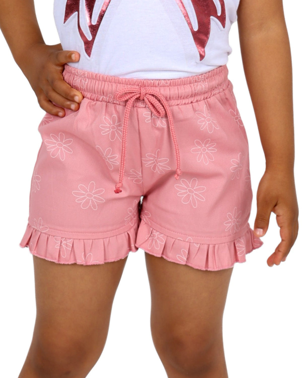 Daisy Printed Ruffle Hem Pink Shorts