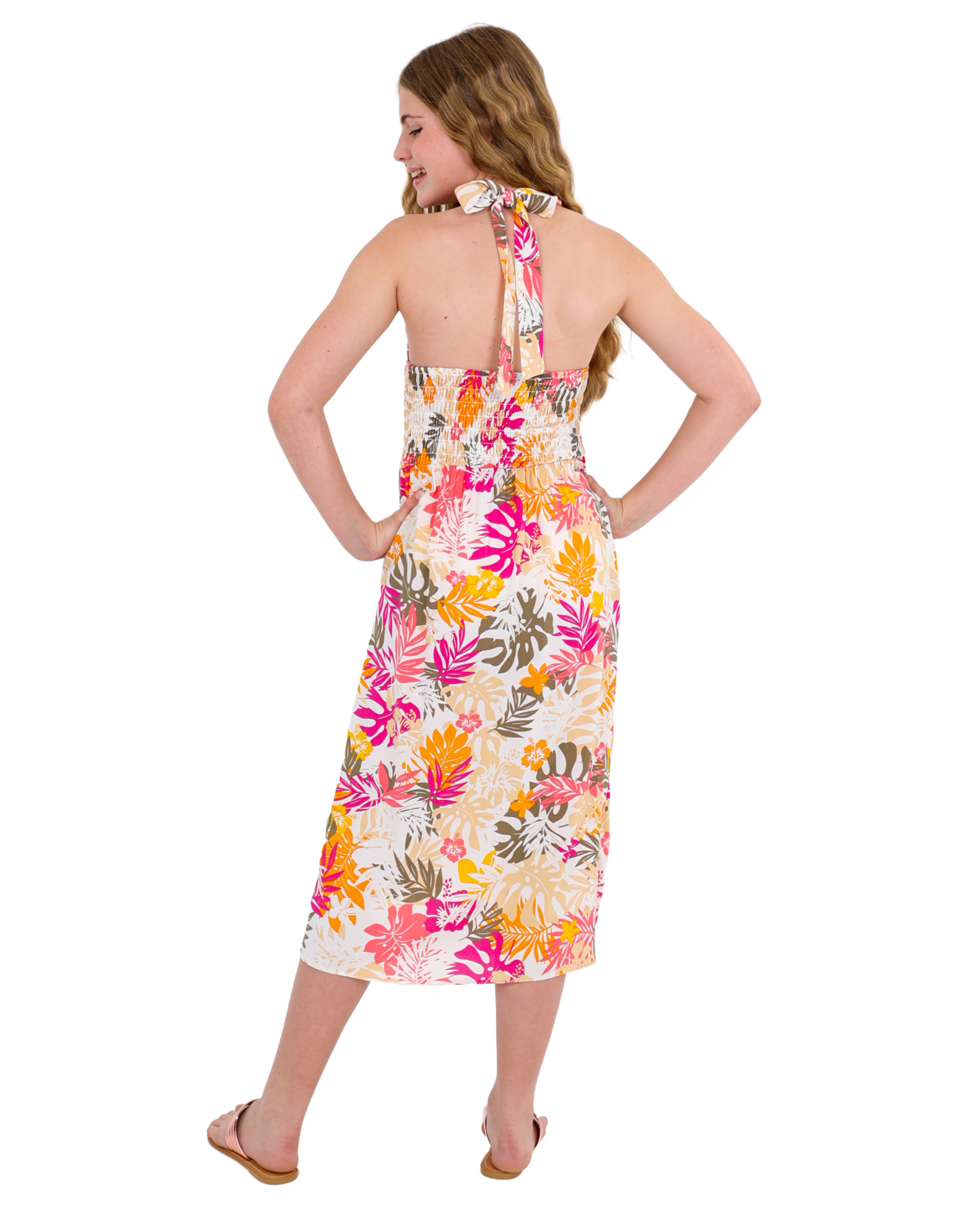 Tropical Floral Print Halter Midi Dress