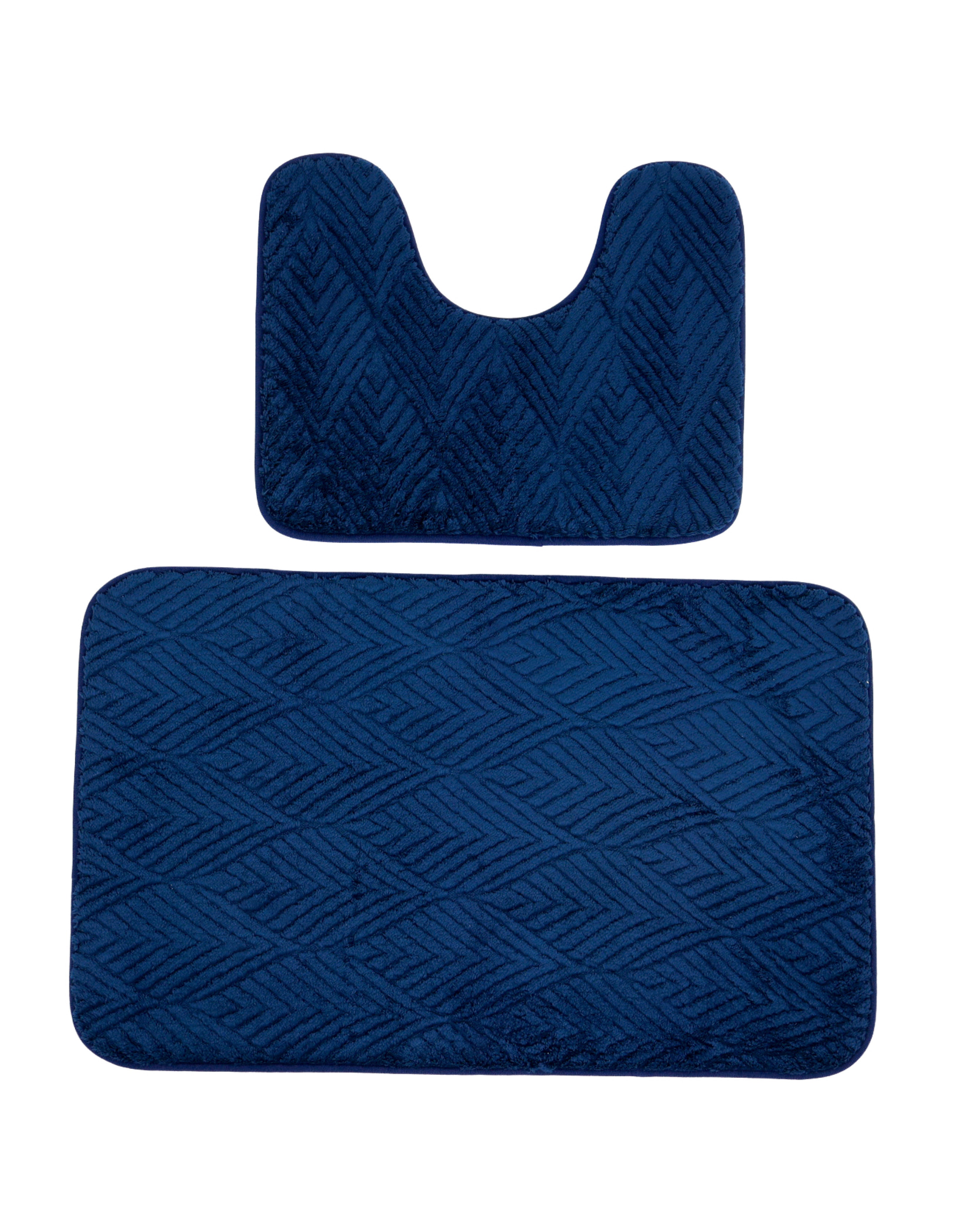 2 Piece Leaf Embossed Bath & Toilet Mat Set Navy