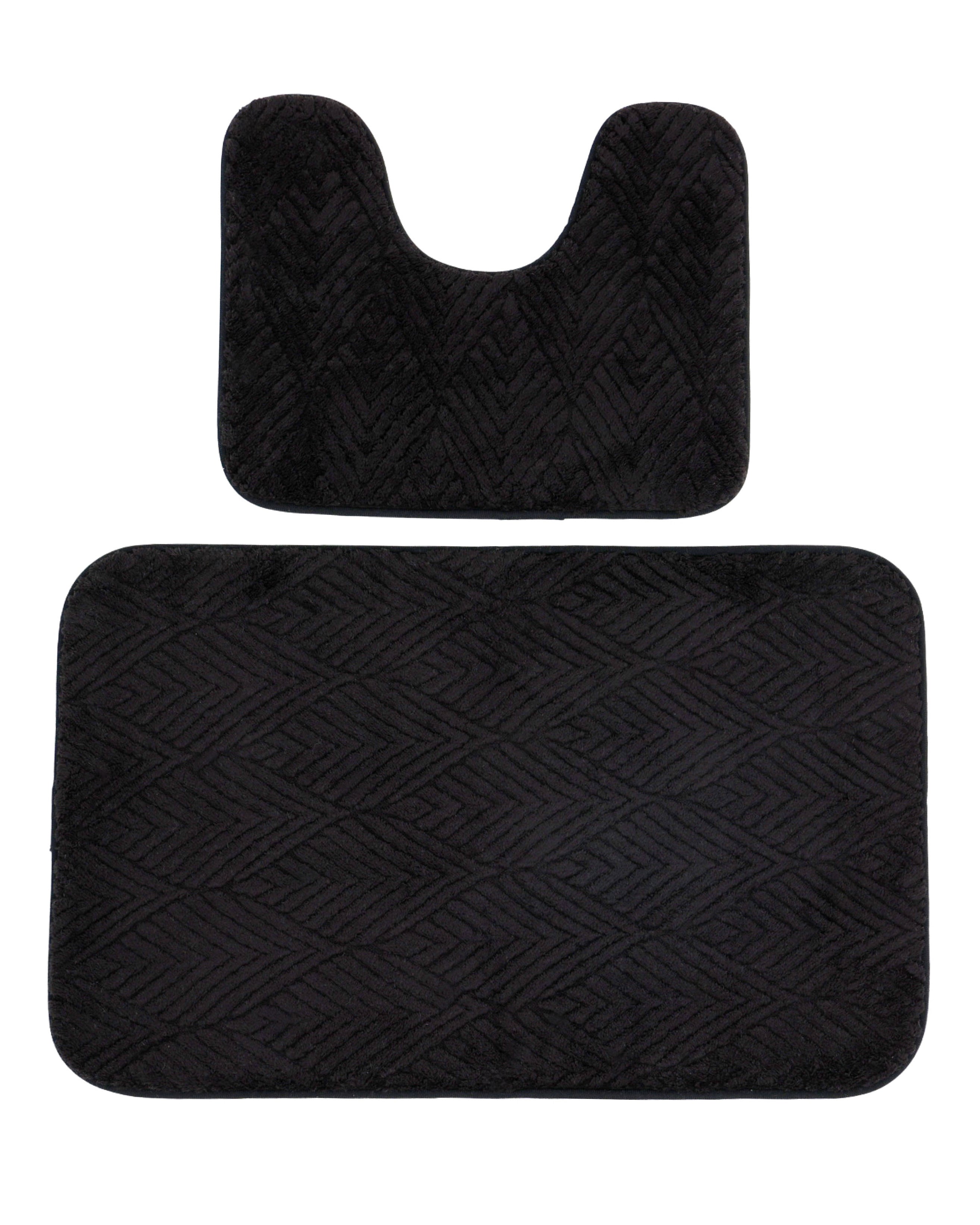 2 Piece Leaf Embossed Bath & Toilet Mat Set Black