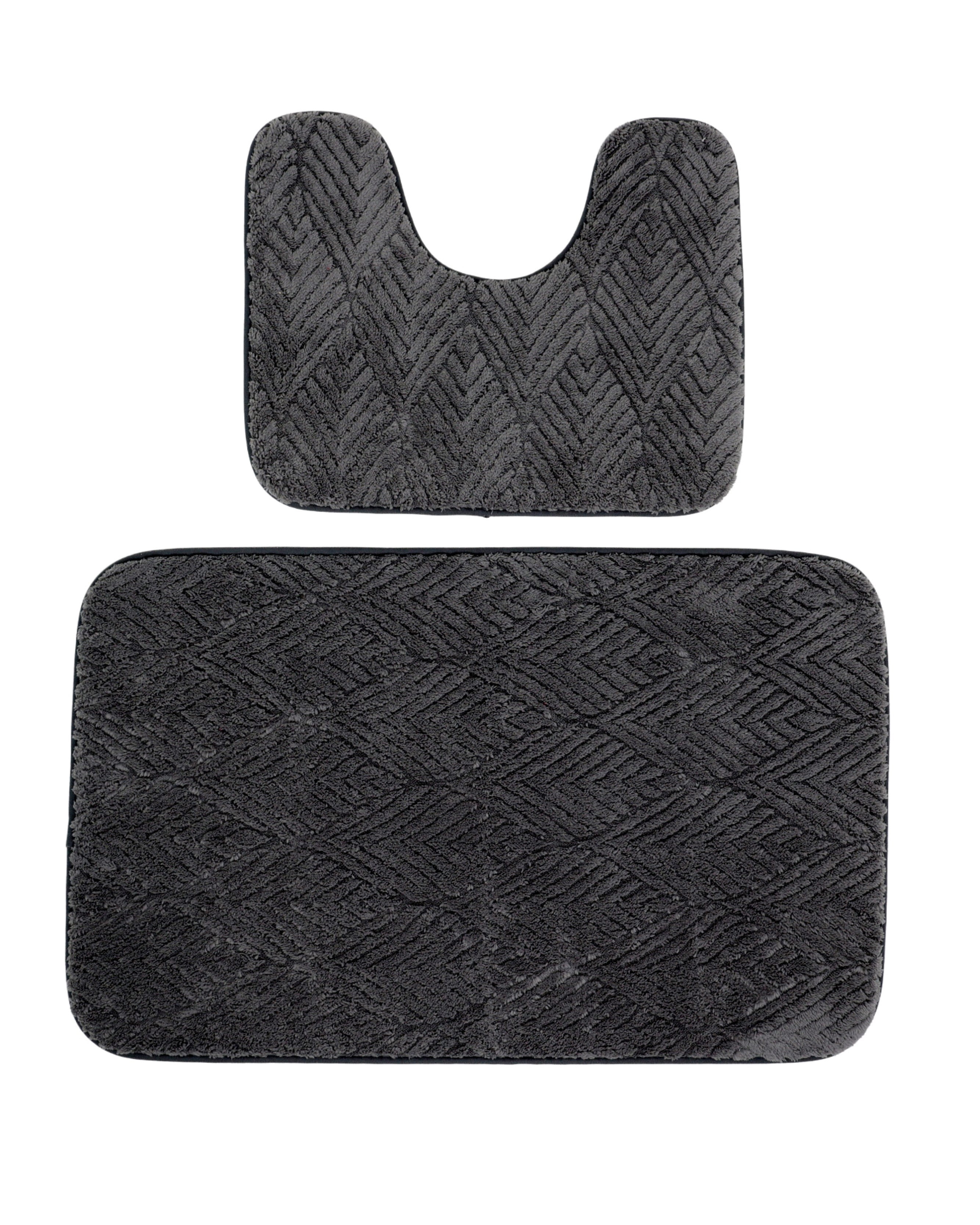 2 Piece Leaf Embossed Bath & Toilet Mat Set Grey