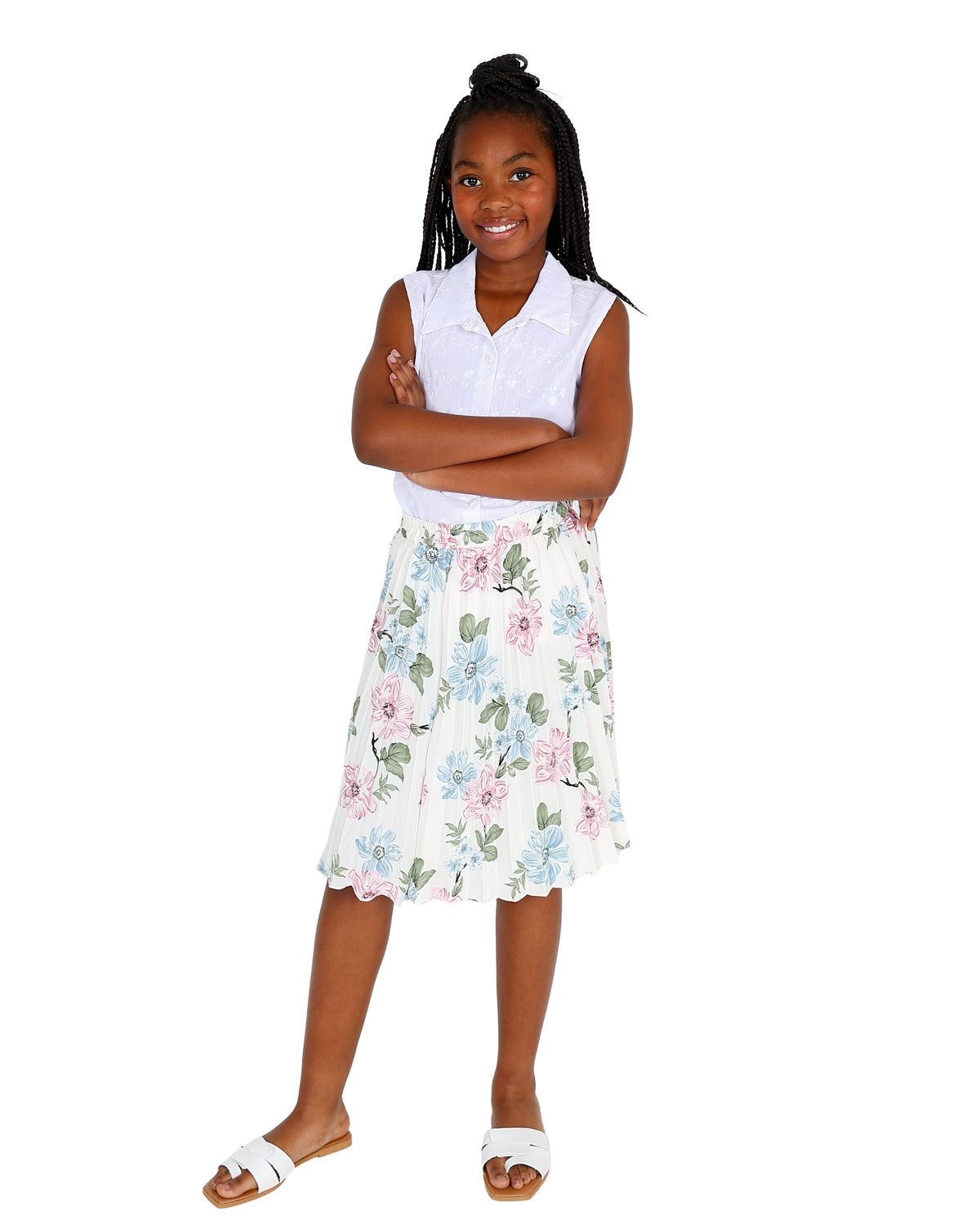 Pleated Cream Floral Knee Length Skirt