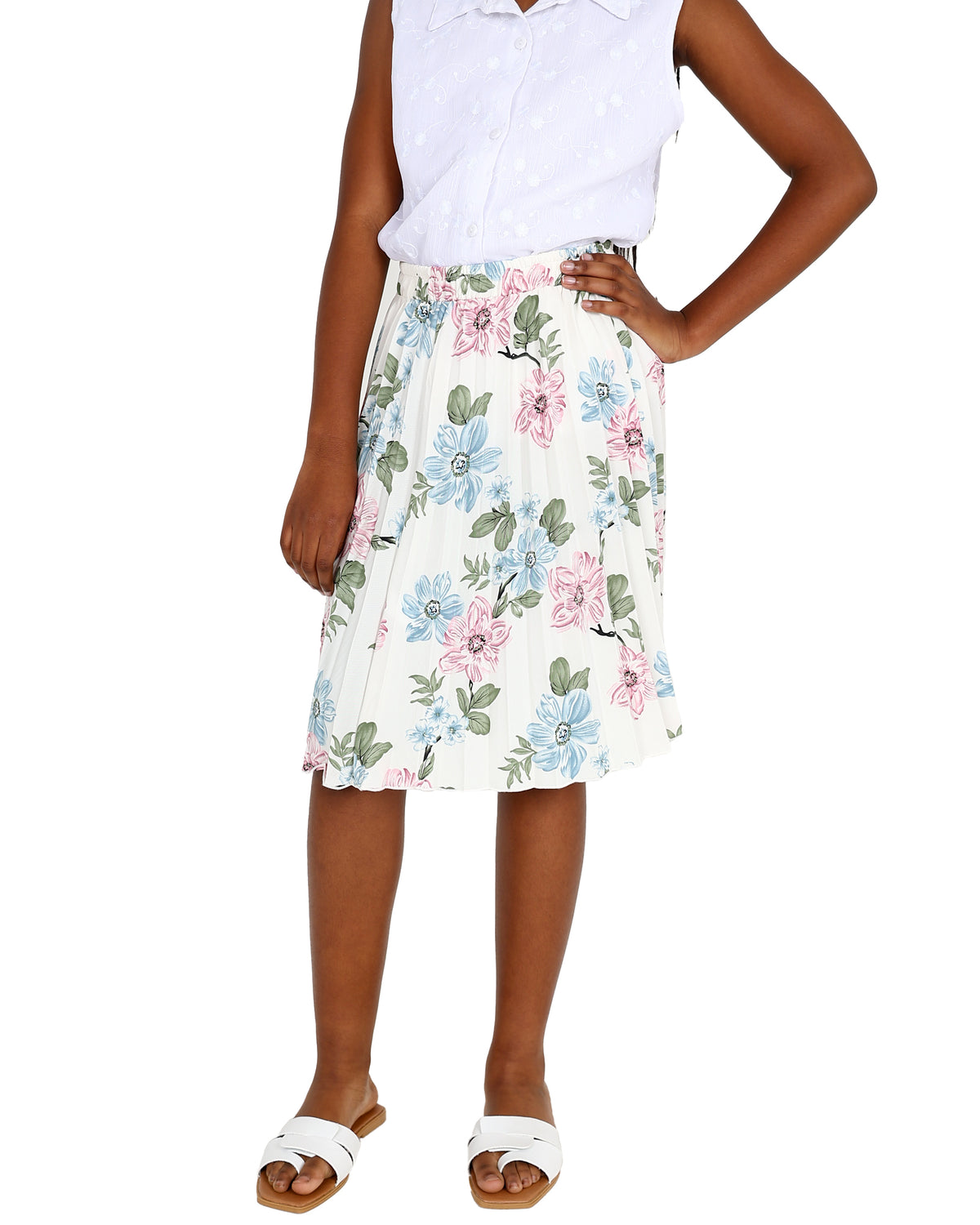 Pleated Cream Floral Knee Length Skirt