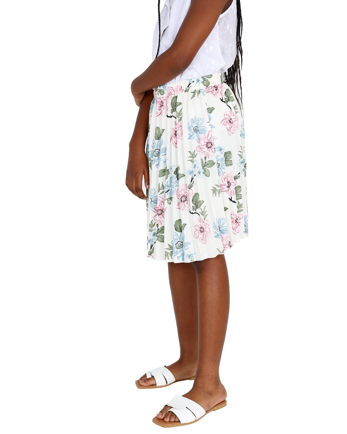 Pleated Cream Floral Knee Length Skirt