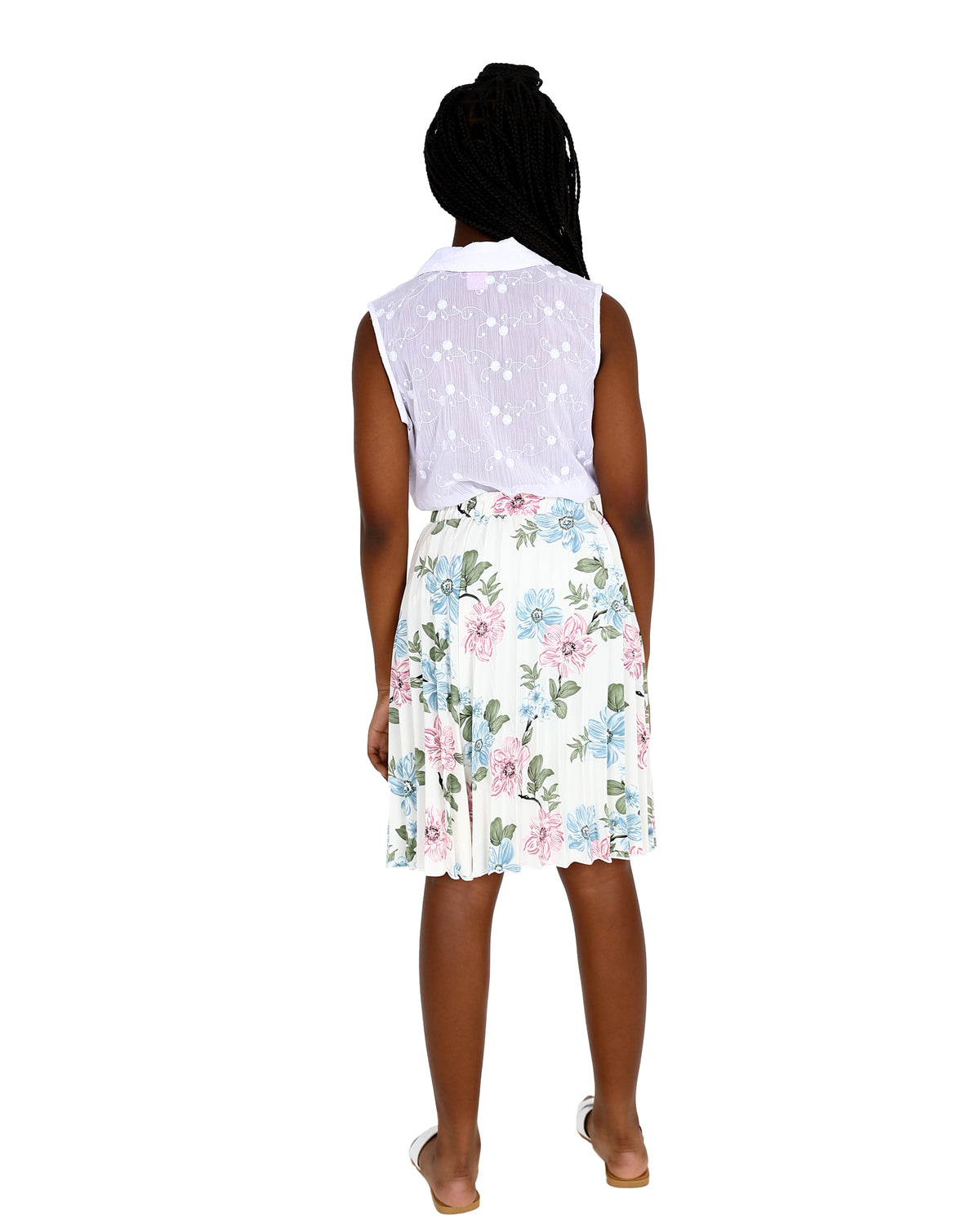 Pleated Cream Floral Knee Length Skirt