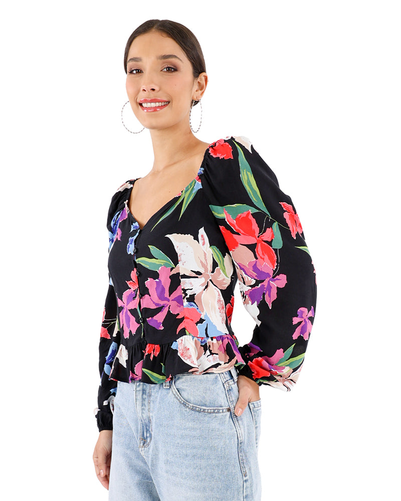 Long Puff Sleeve Bold Floral Peplum Blouse