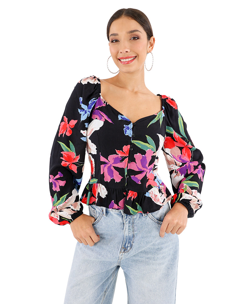 Long Puff Sleeve Bold Floral Peplum Blouse