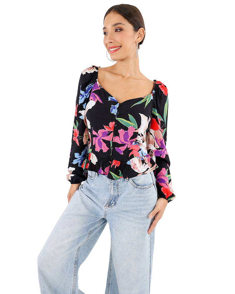 Long Puff Sleeve Bold Floral Peplum Blouse