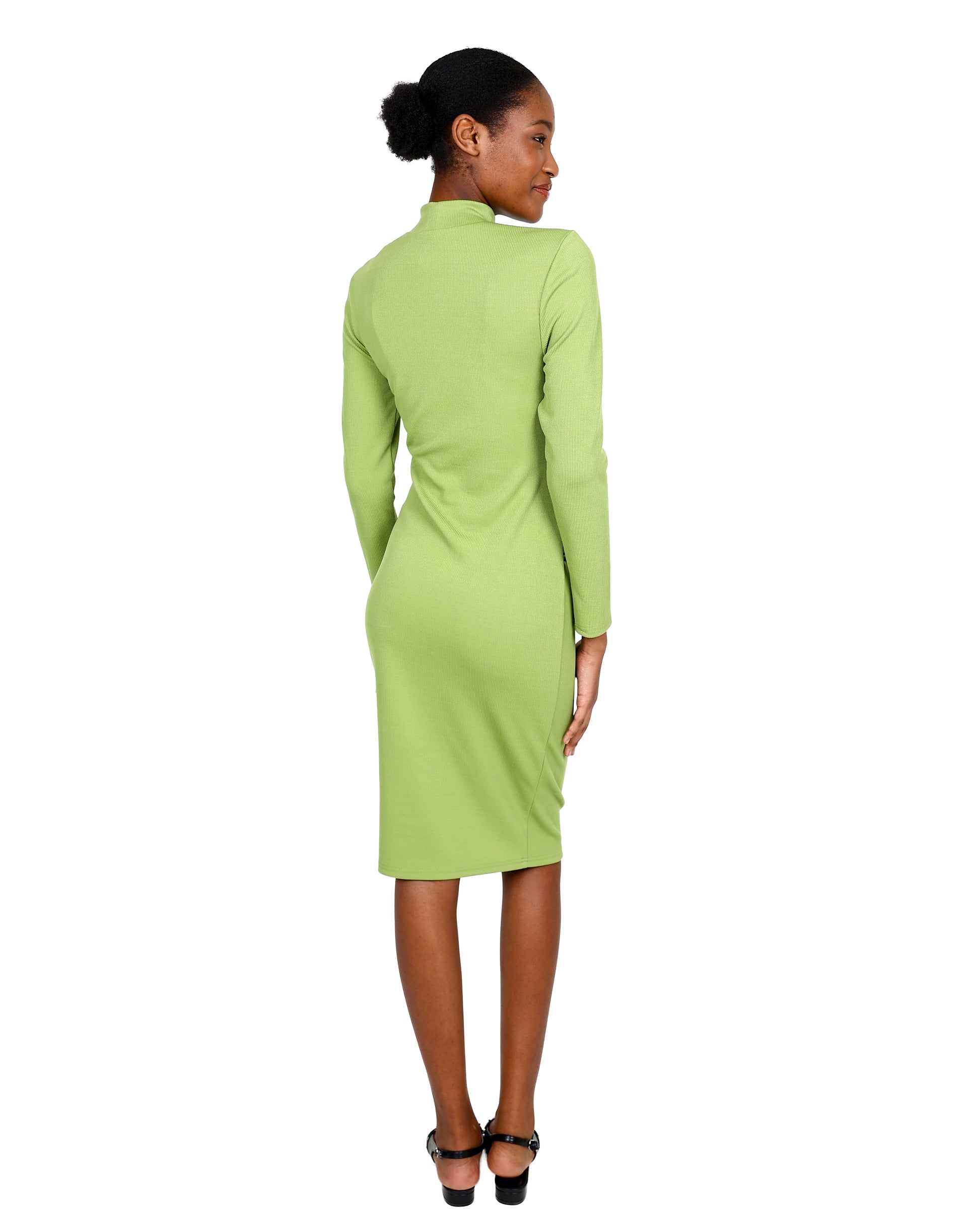 Side Ruched Long Sleeve Ribbed Midi Dress