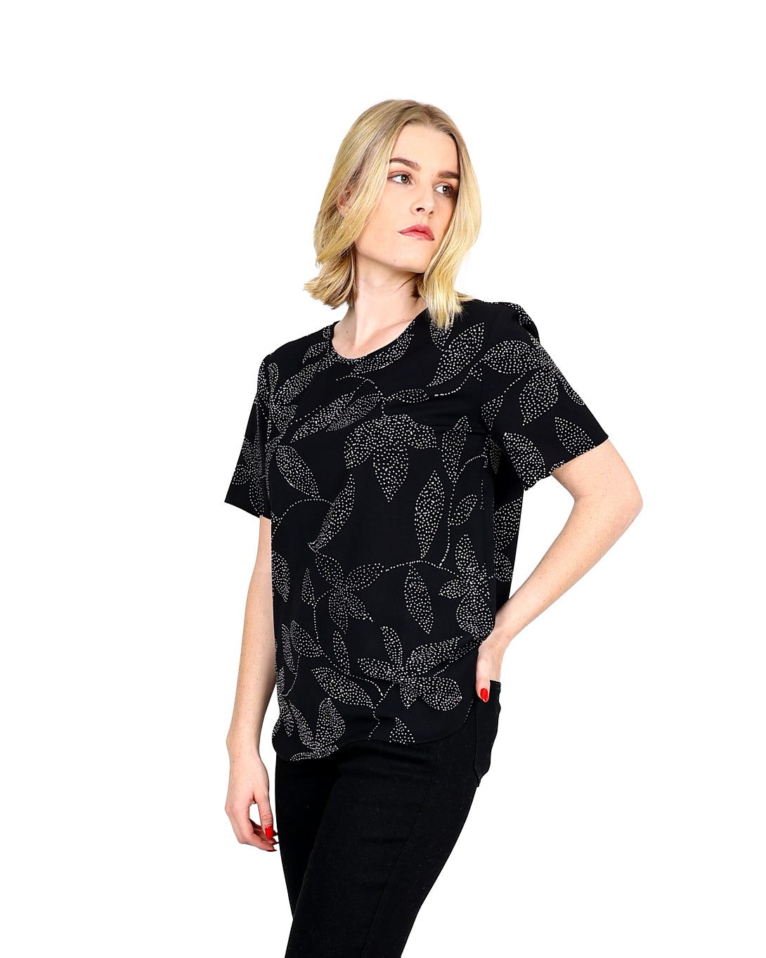 Short Sleeve Monochrome Leaf Print Round Neck Blouse