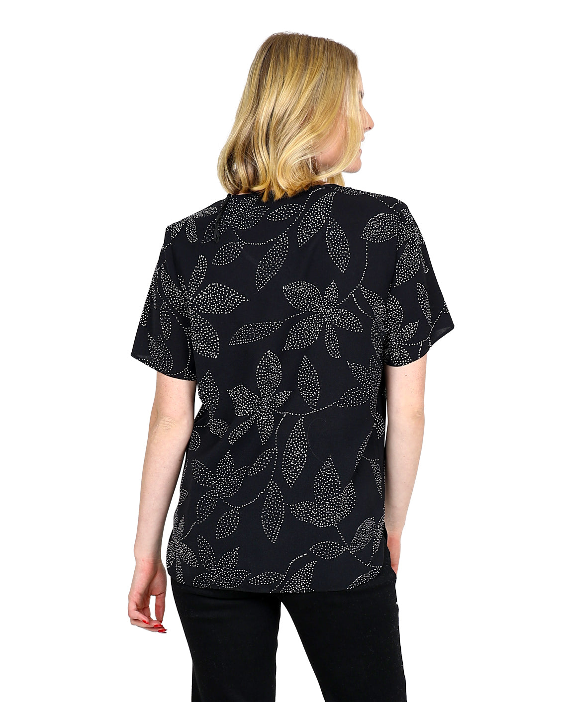 Short Sleeve Monochrome Leaf Print Round Neck Blouse