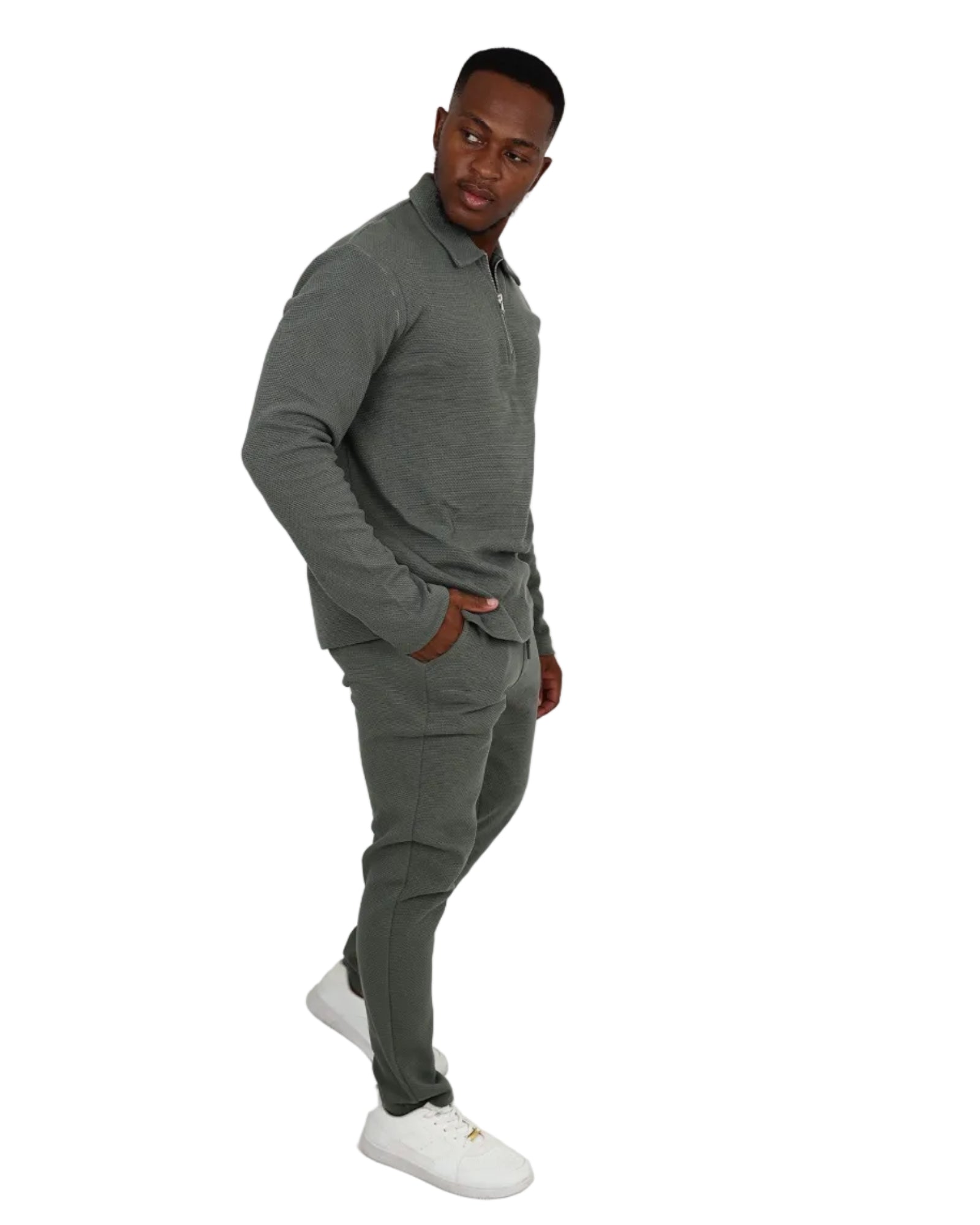 Long Sleeve Fatigue Basket Weave 1/4 Zip Cotton Sweatshirt