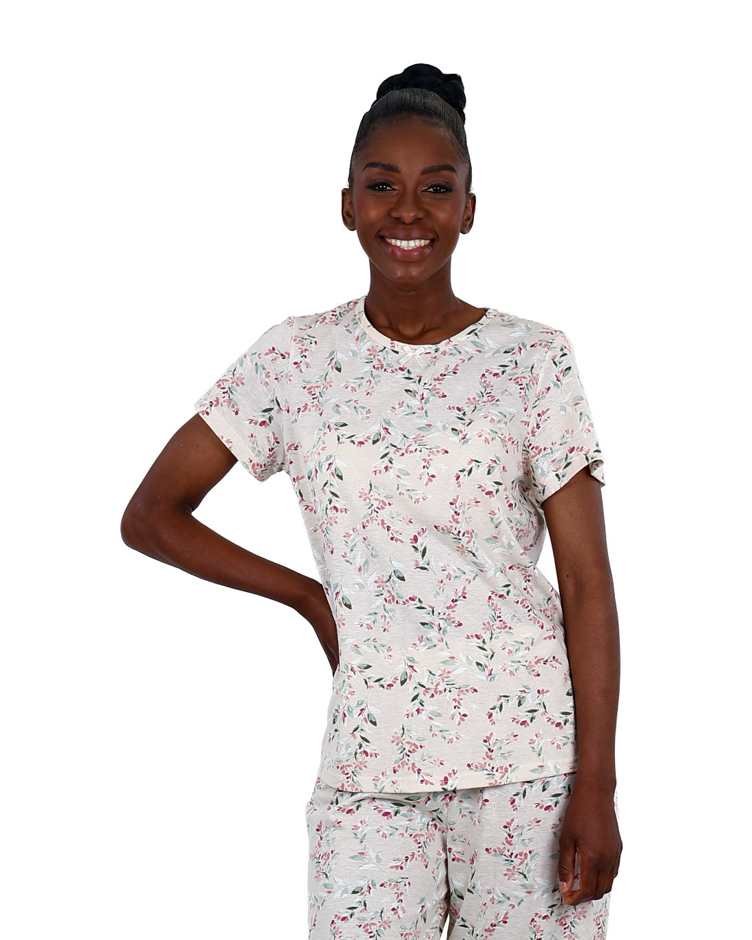 Short Sleeve Oatmeal Ditsy Floral Capri Pyjama Set