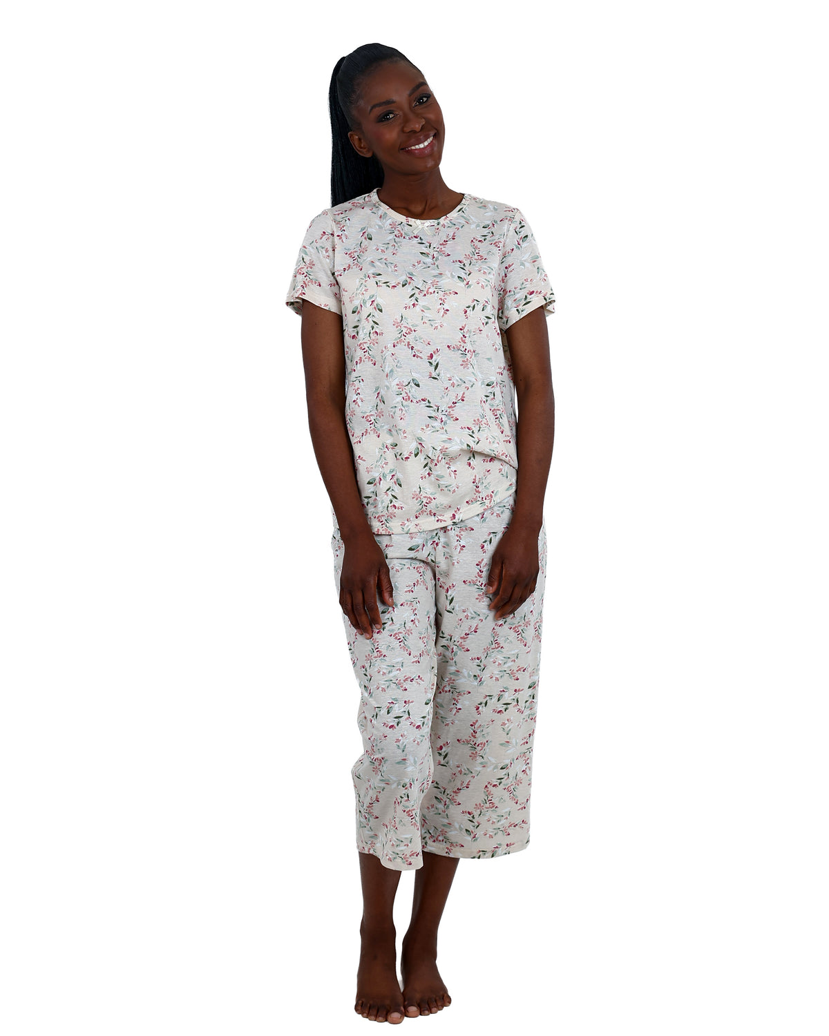 Short Sleeve Oatmeal Ditsy Floral Capri Pyjama Set