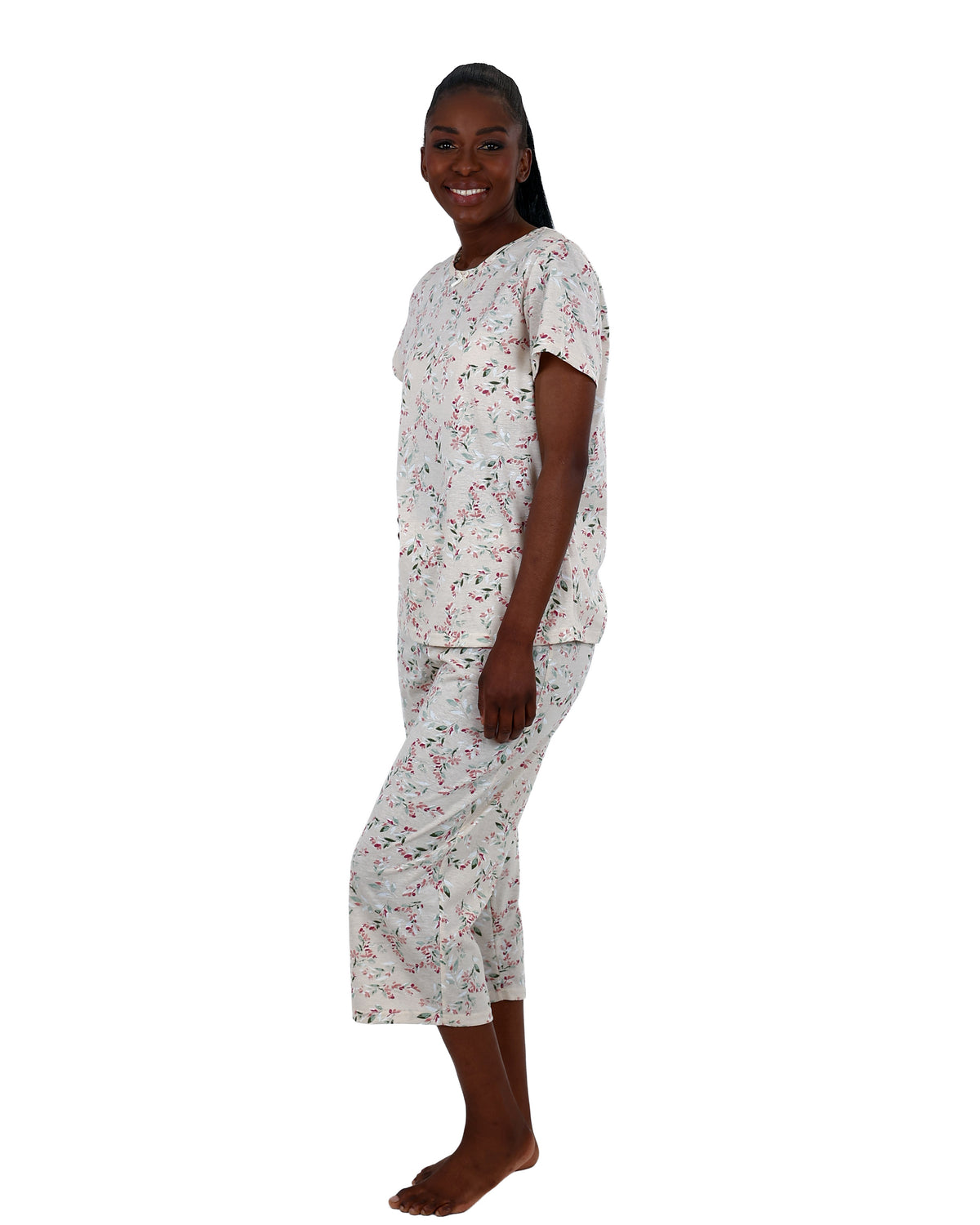 Short Sleeve Oatmeal Ditsy Floral Capri Pyjama Set