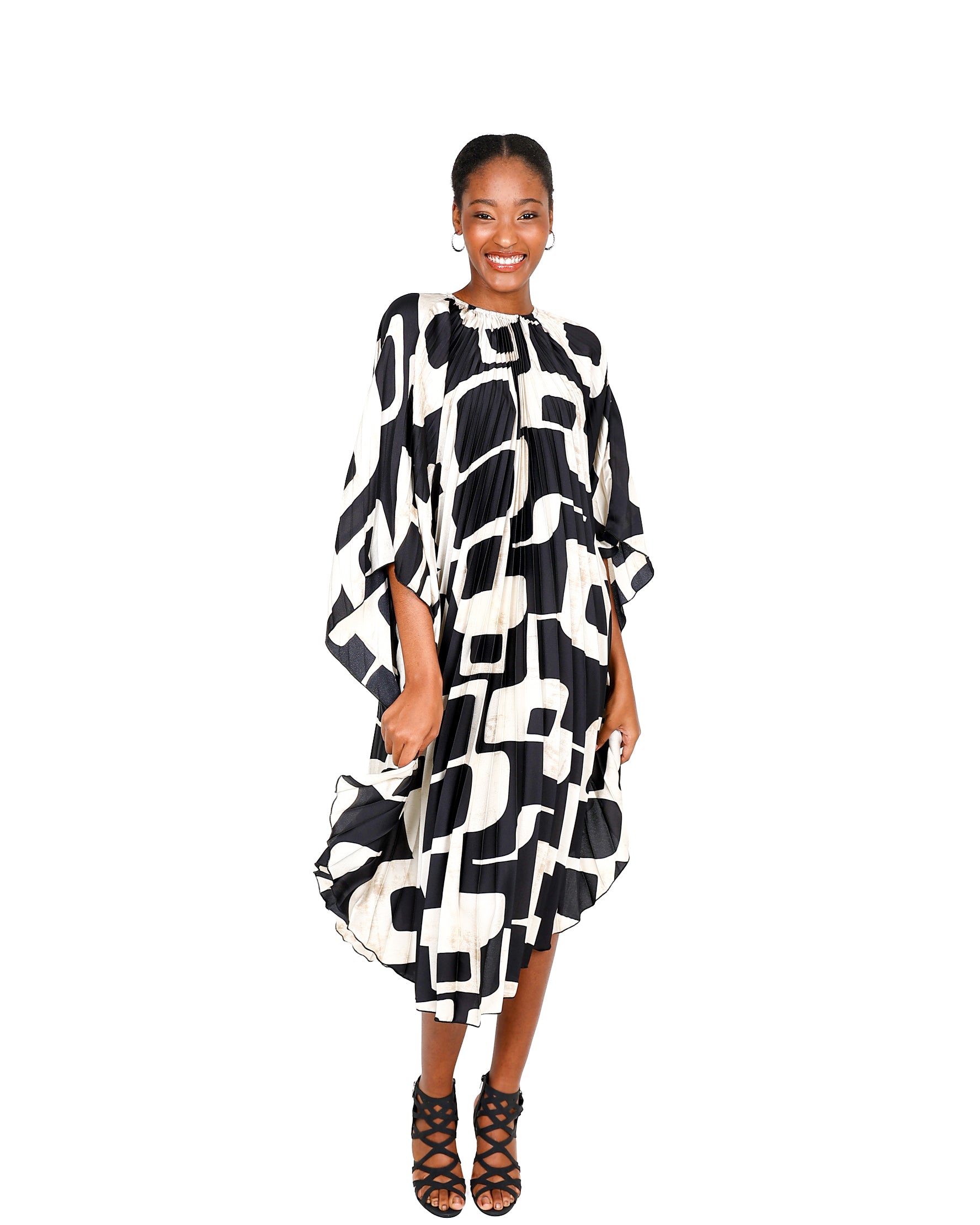 Monochrome Print Pleated Satin Kaftan Dress