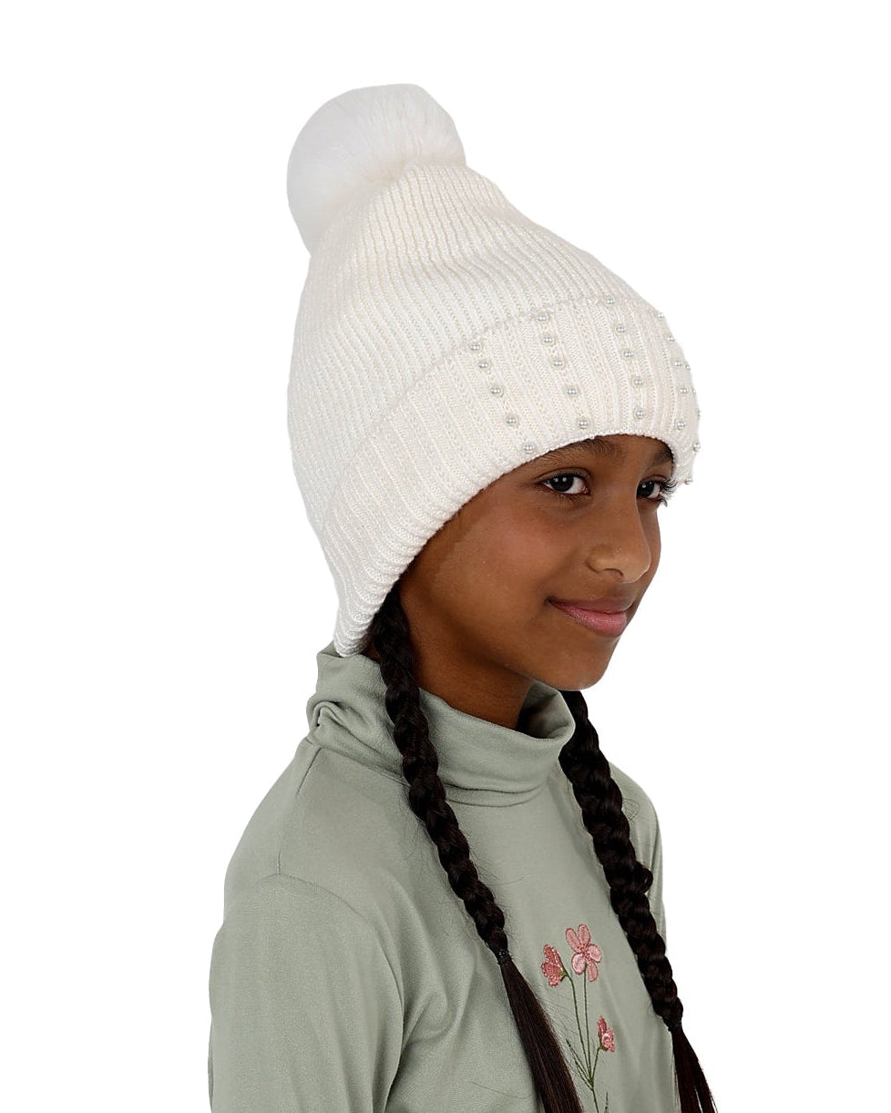 White Decorative Pearl Pompom Beanie