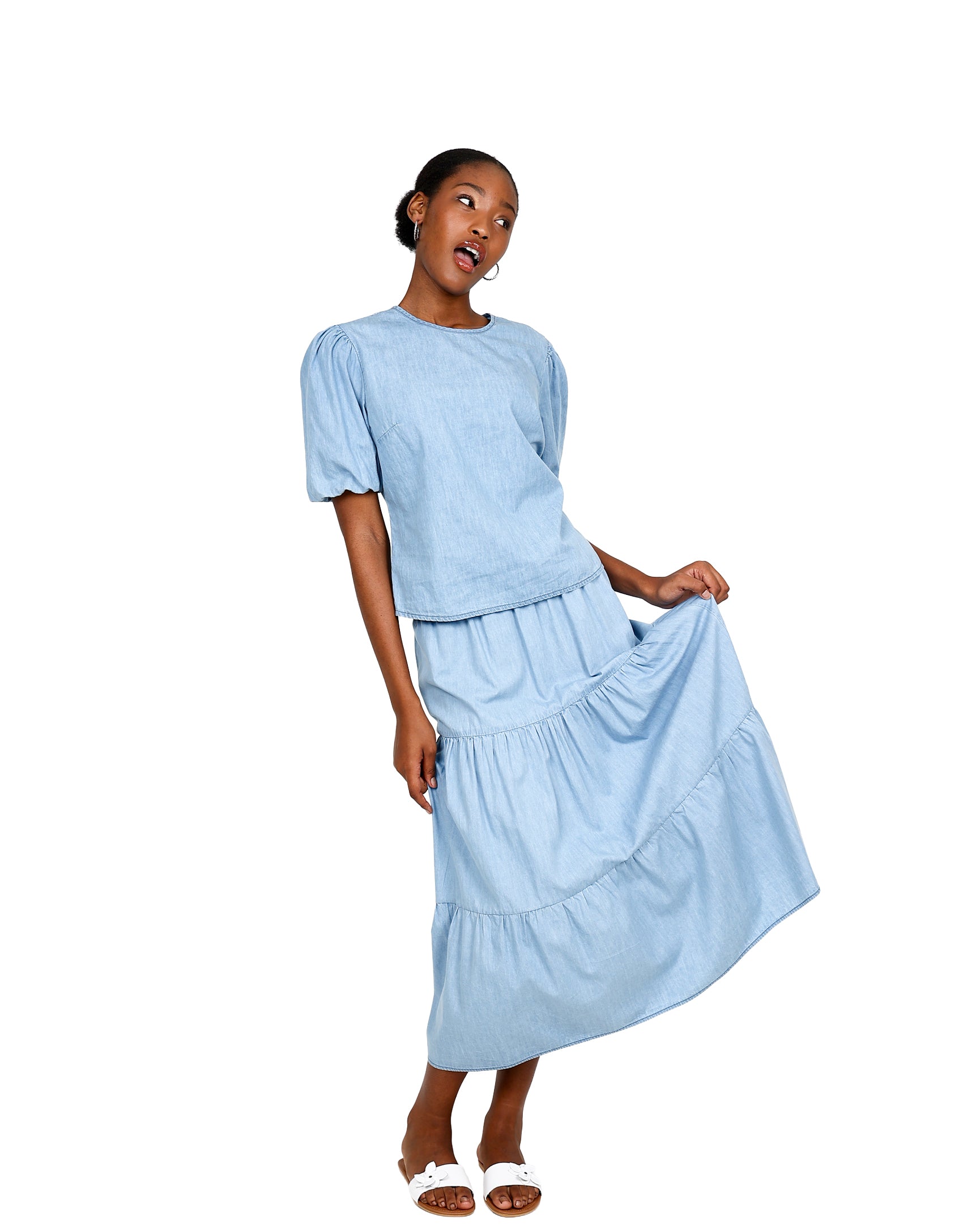 Denim Short Puff Sleeve Blouse