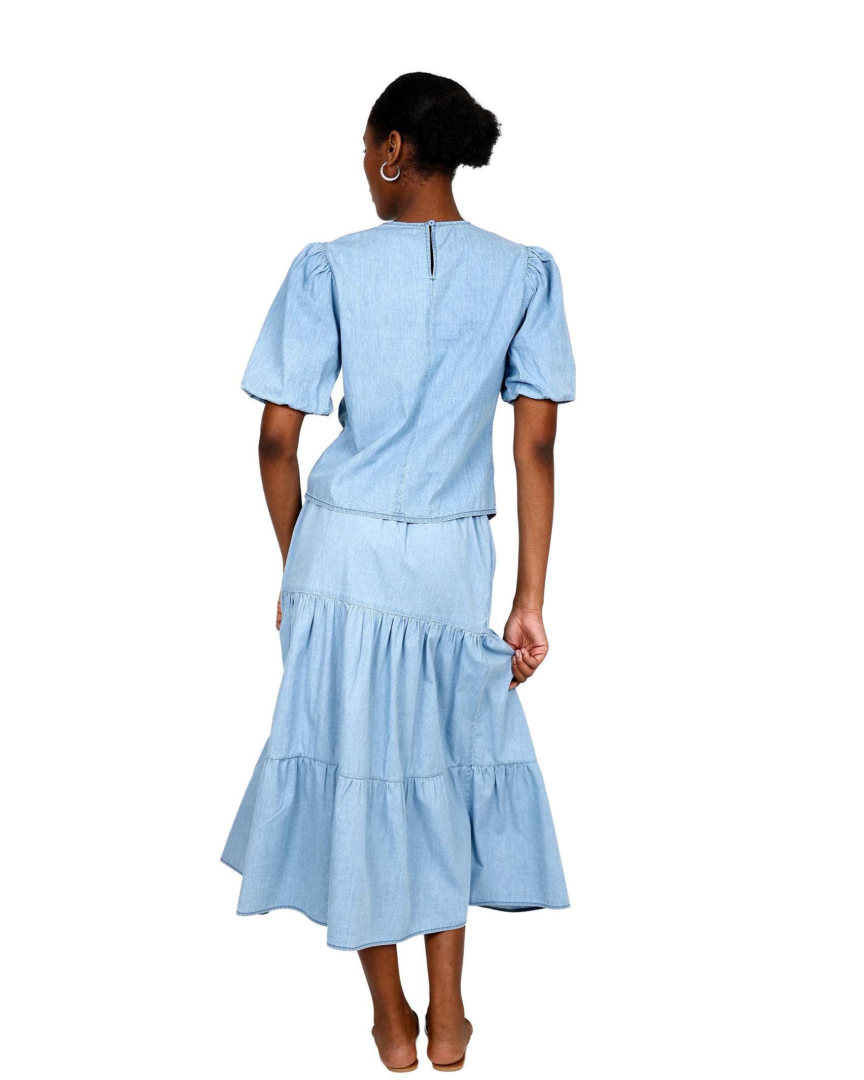 Denim Tiered Maxi Skirt