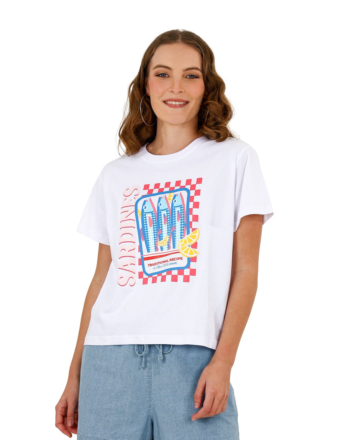 Short Sleeve White Crop Sardines Graphic T-Shirt