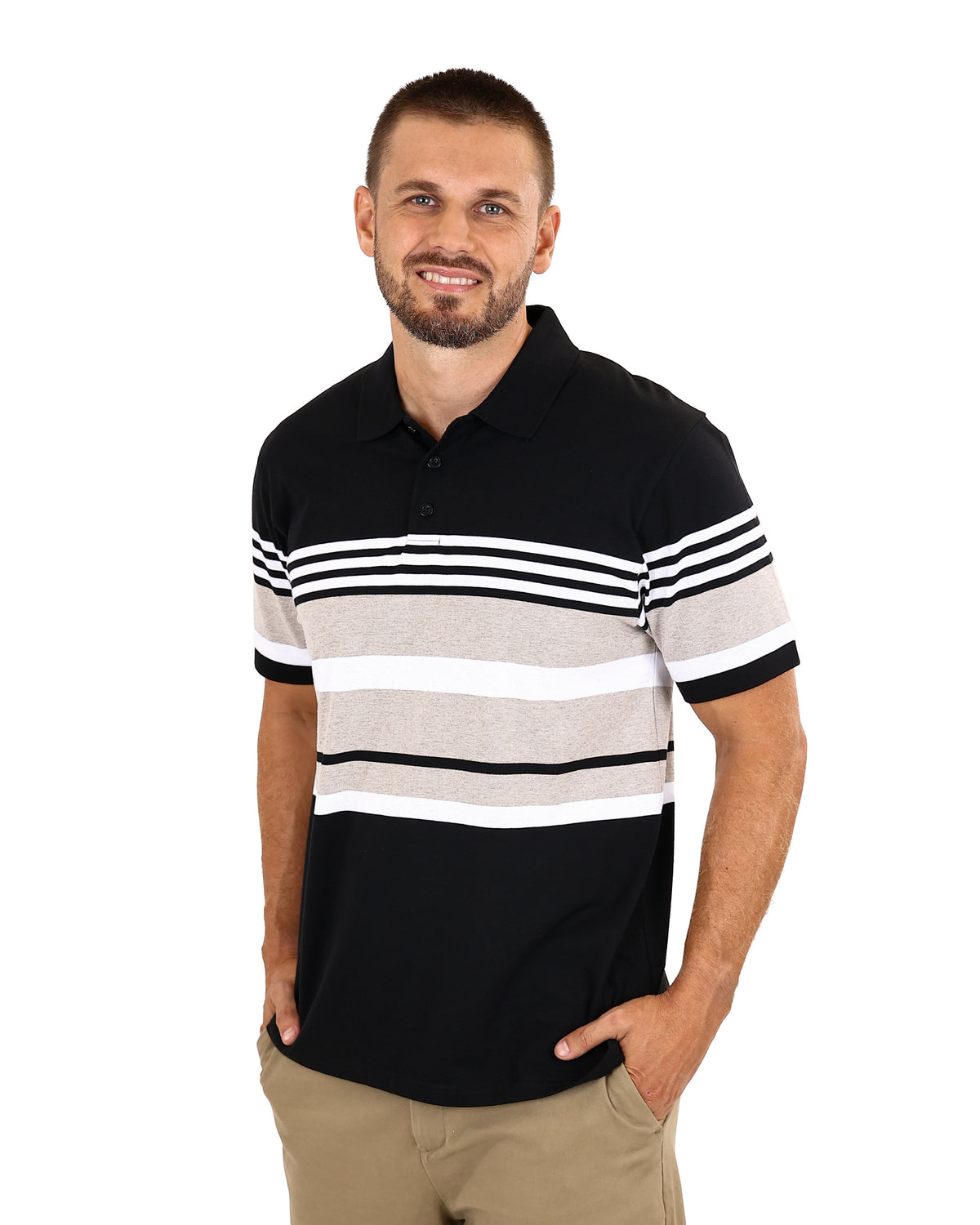 Short Sleeve Charcoal & Taupe Stripe Golfer