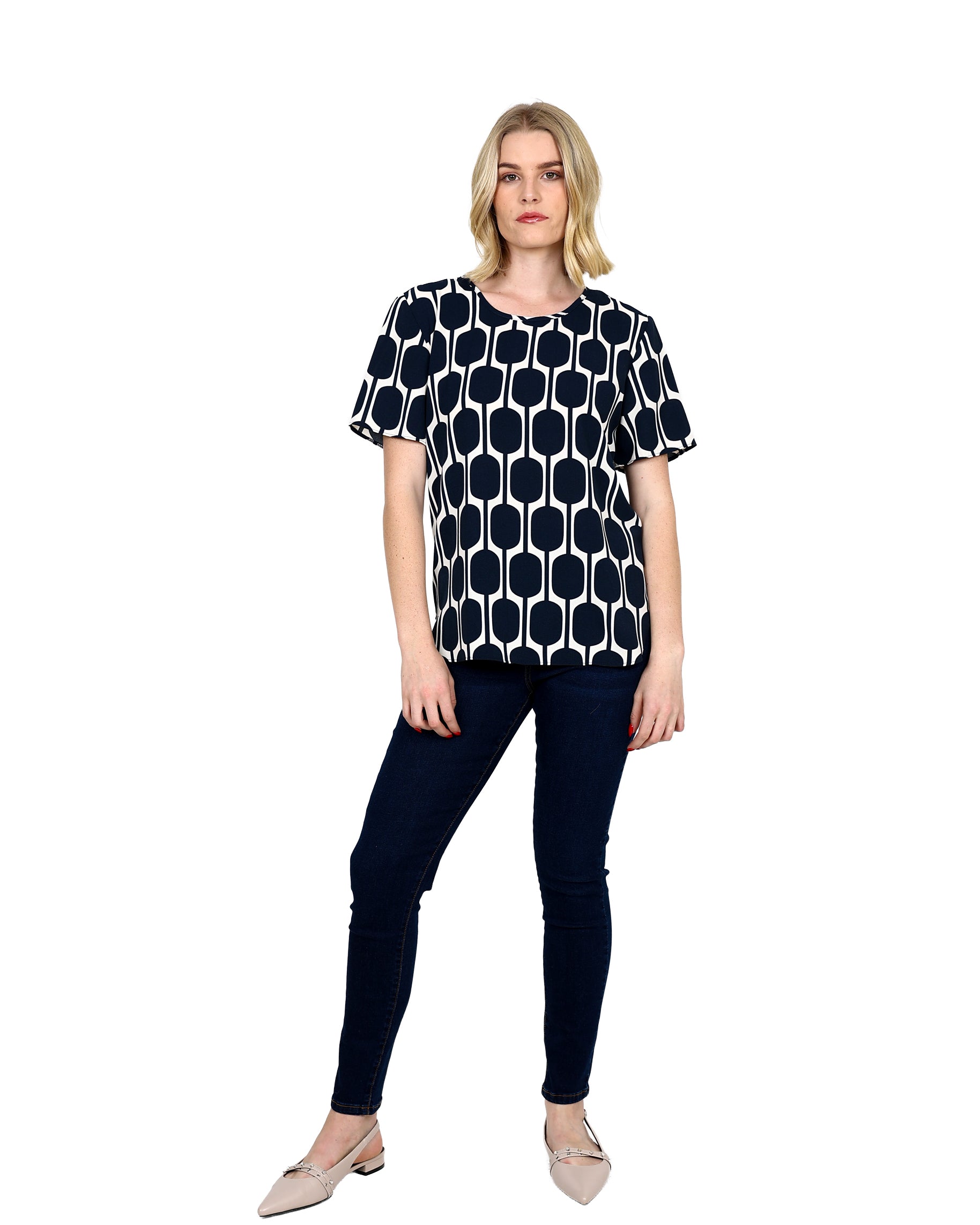 Short Sleeve Navy Print Round Neck Blouse