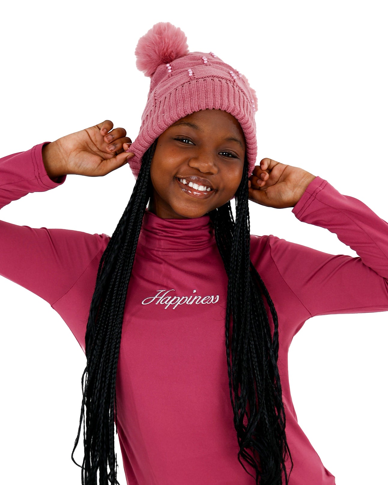 Pink Cluster Pearl Double Pompom Beanie