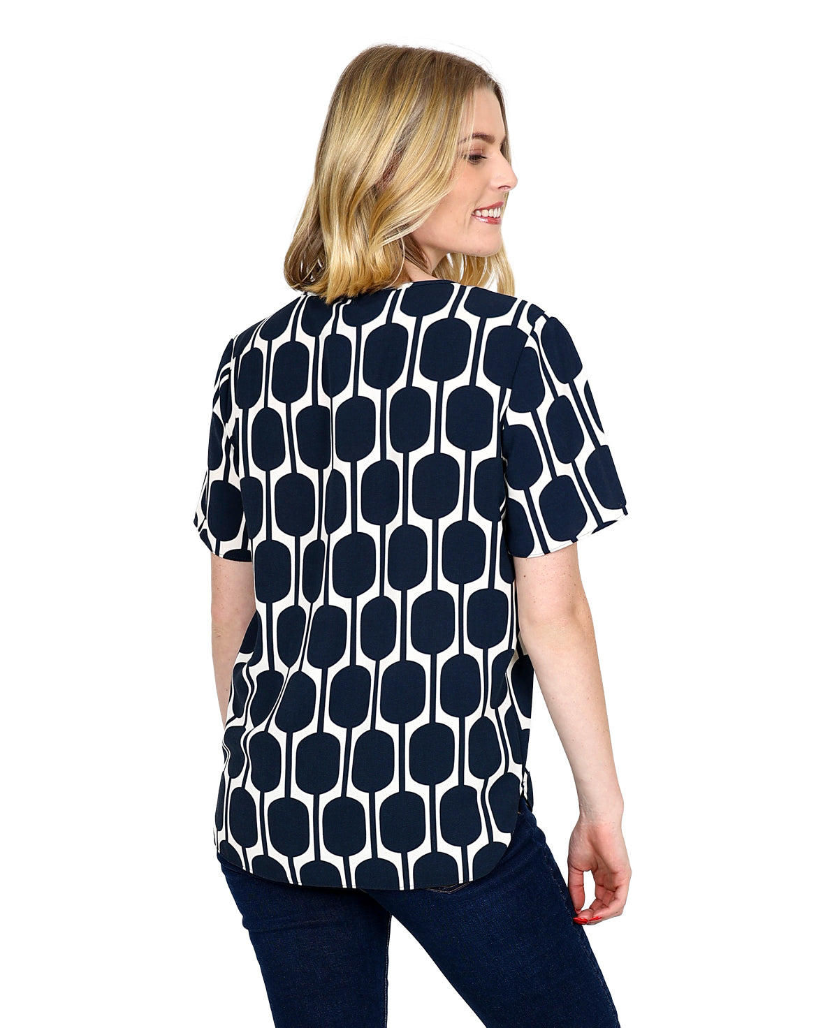Short Sleeve Navy Print Round Neck Blouse