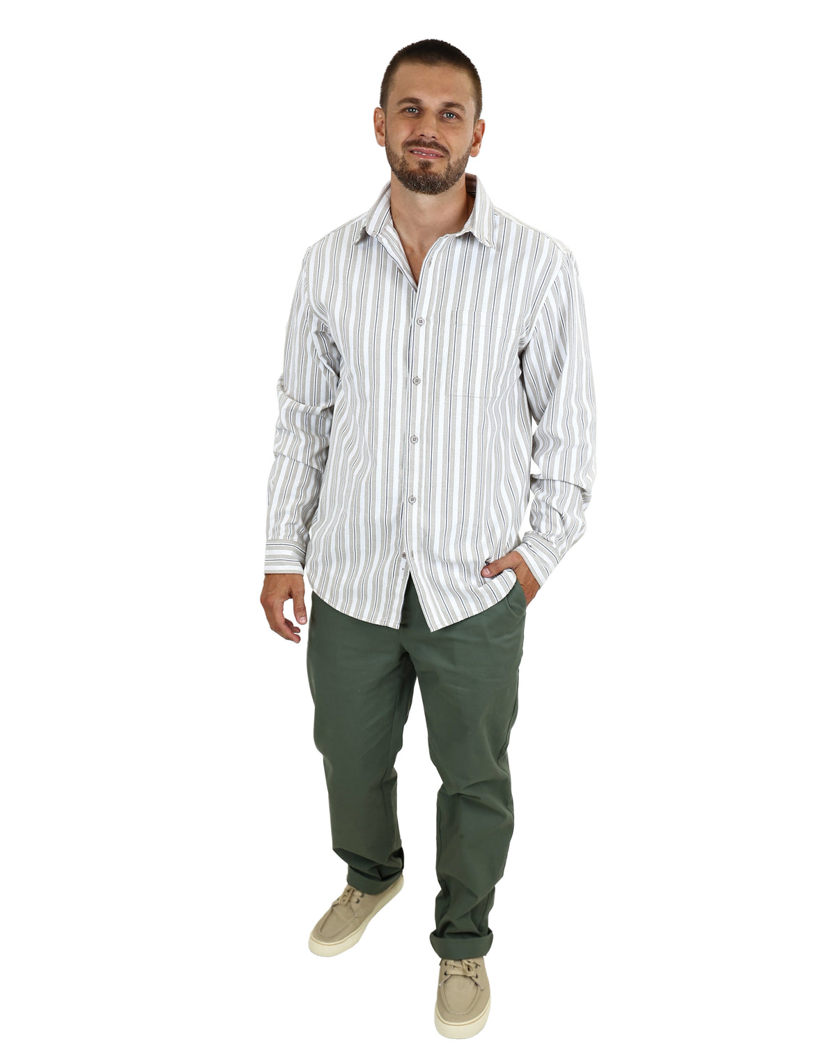 Long Sleeve Beige Oxford Strip Shirt