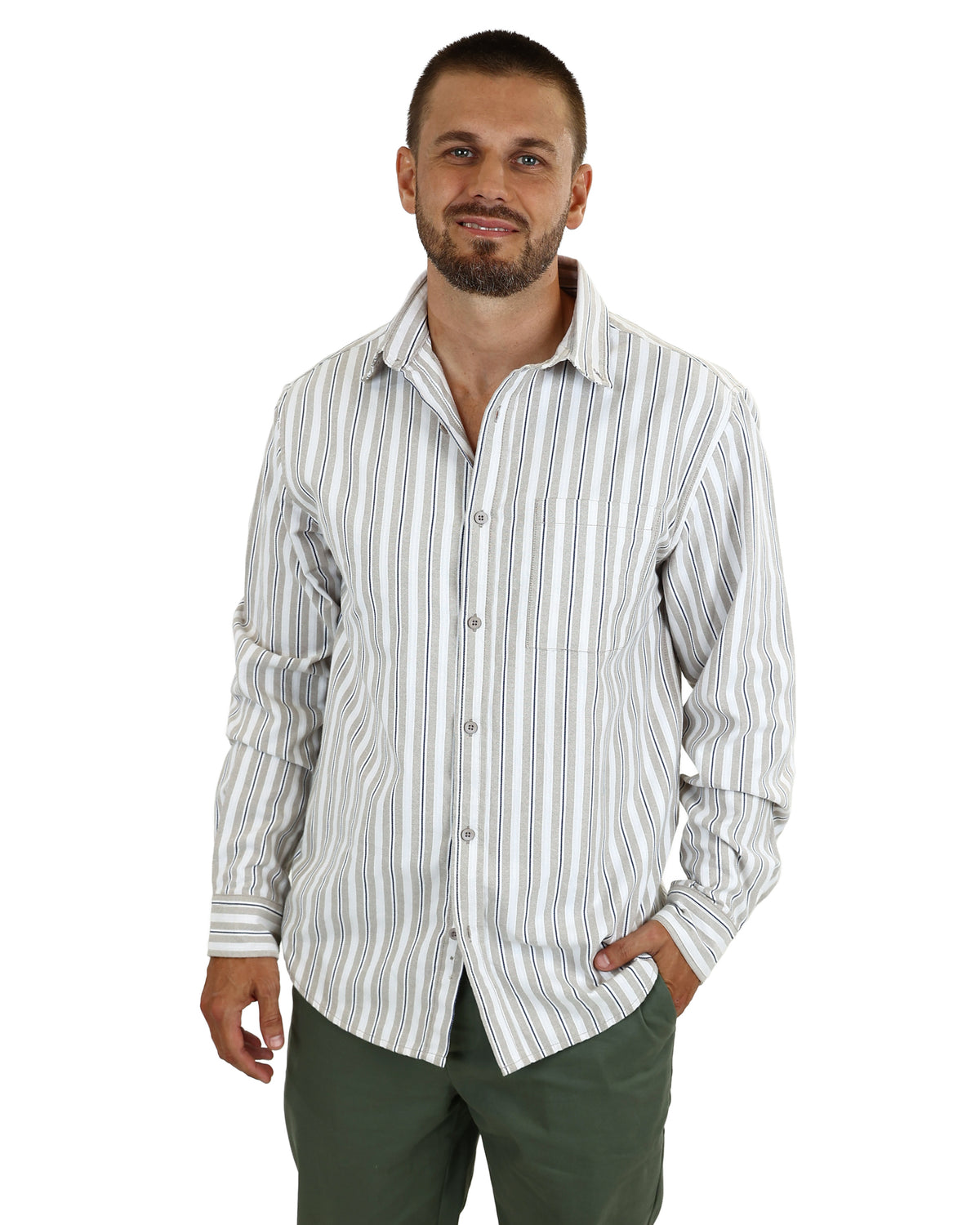 Long Sleeve Beige Oxford Strip Shirt