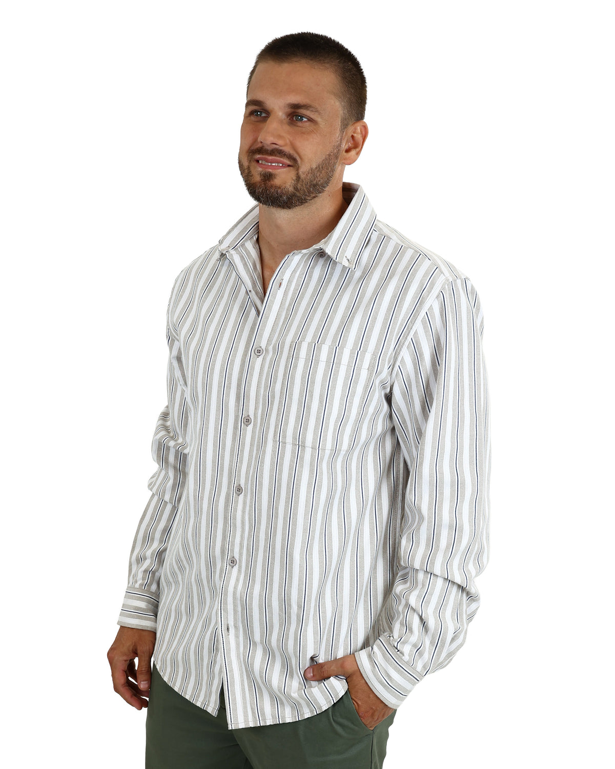 Long Sleeve Beige Oxford Strip Shirt