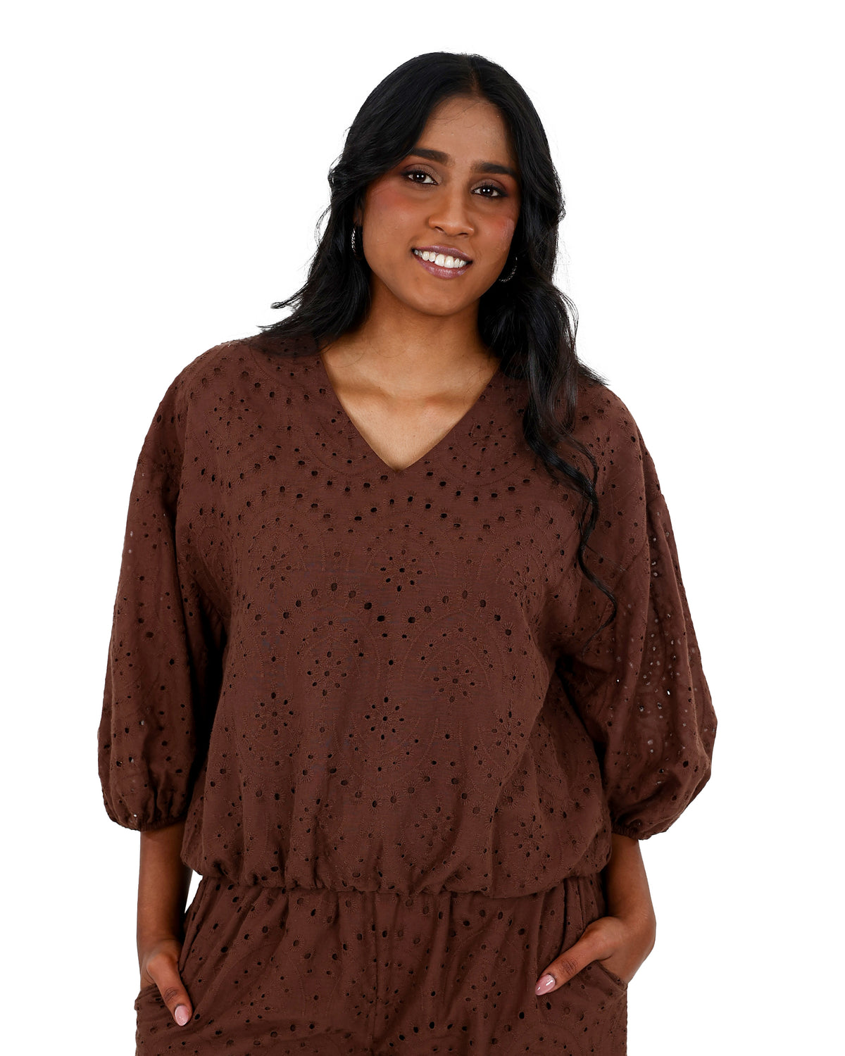 3/4 Sleeve Chocolate Anglaise Blouse