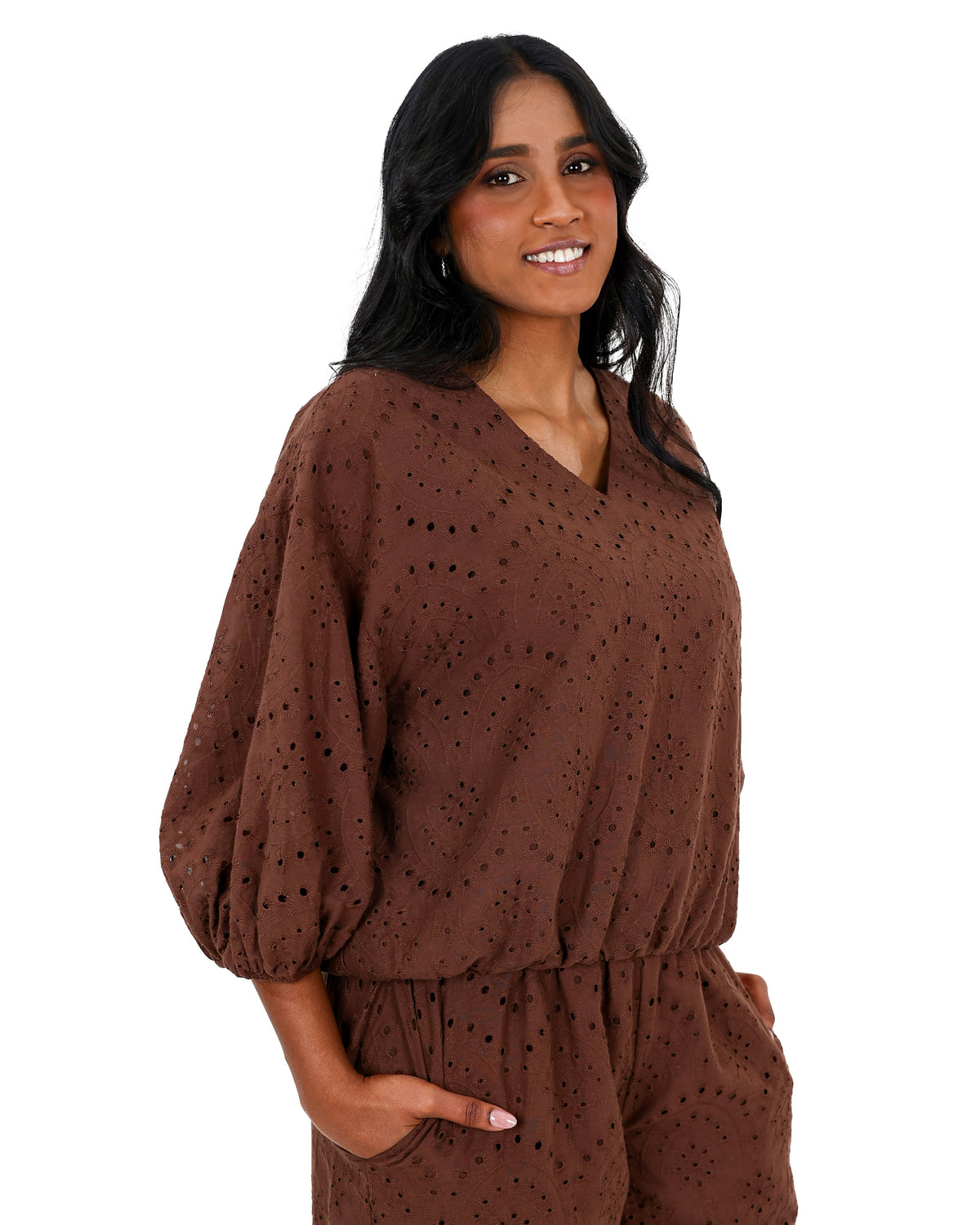 3/4 Sleeve Chocolate Anglaise Blouse