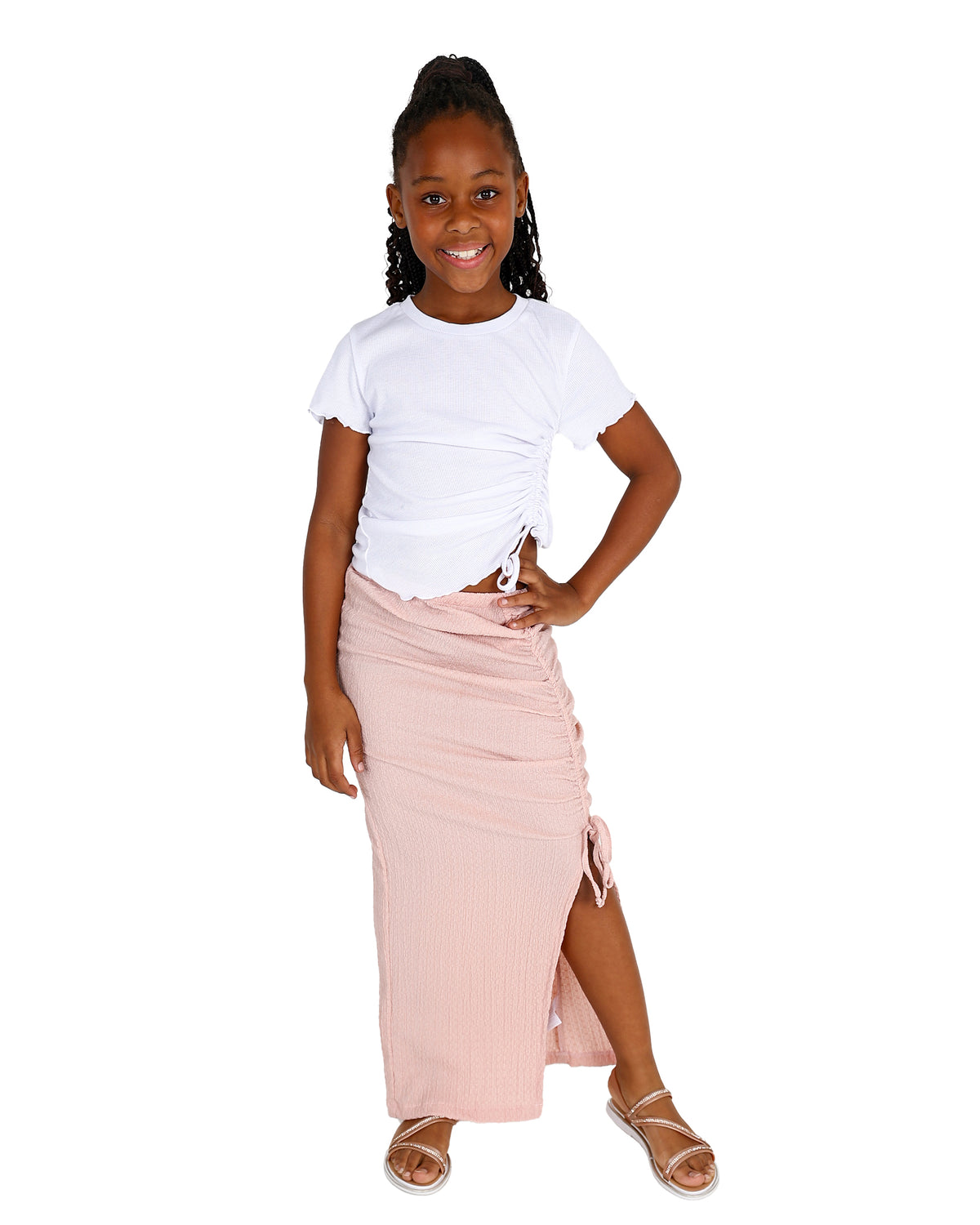Pink Side Ruched Textured Maxi Skirt
