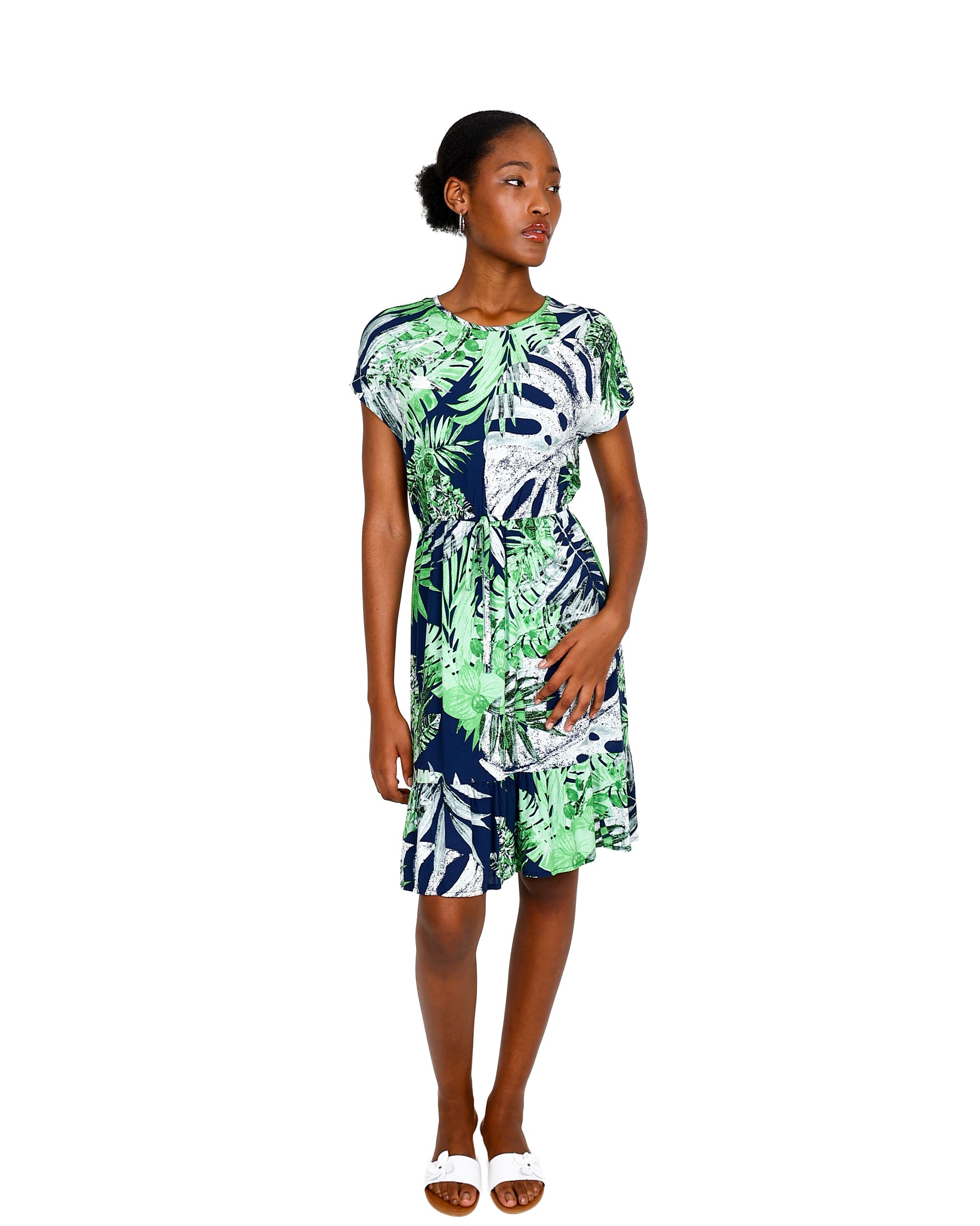 Short Sleeve Leaf Print Elastic Waist Dress